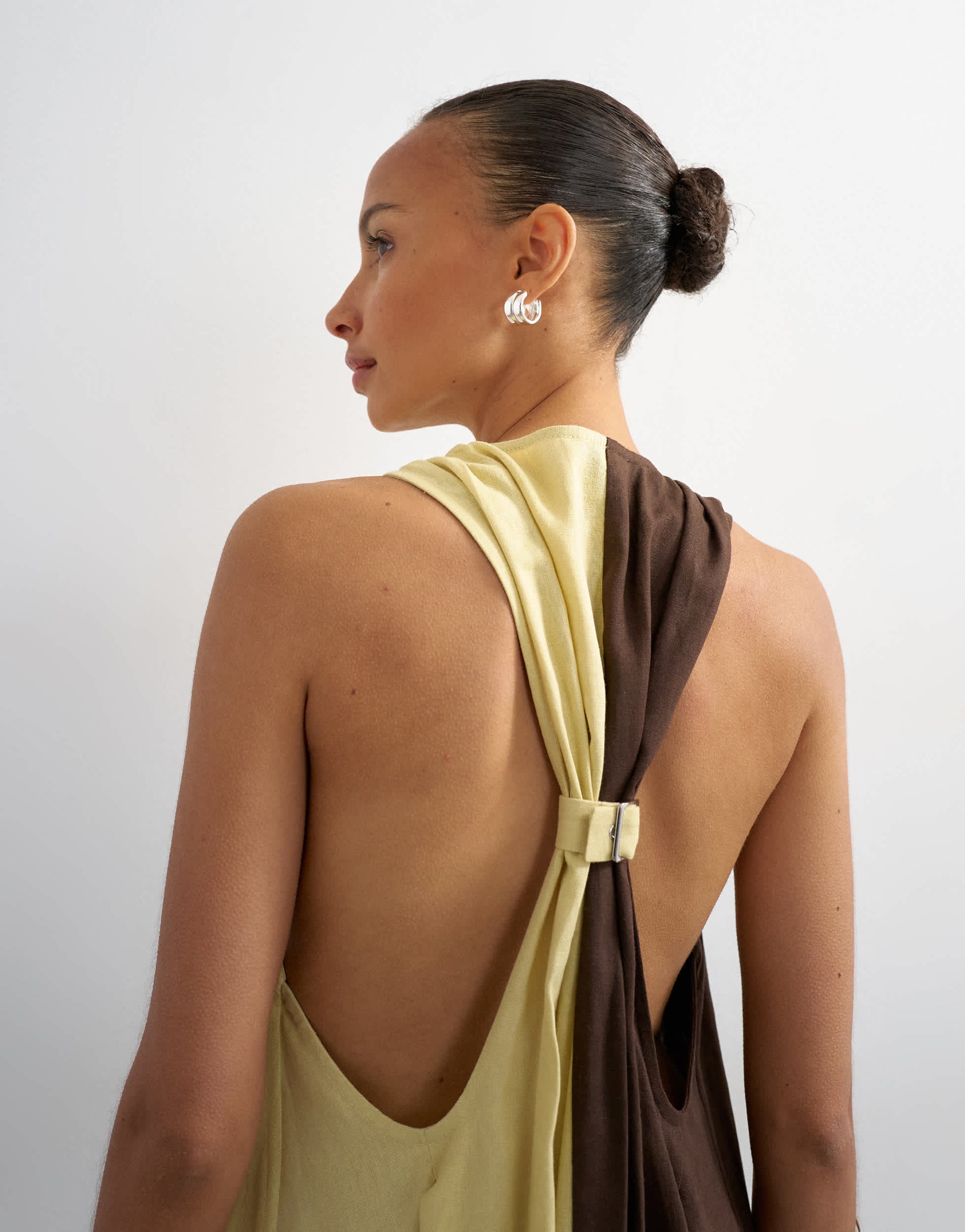 Topshop linen rich halter deep hem mini trapeze dress in brown and lime colour block