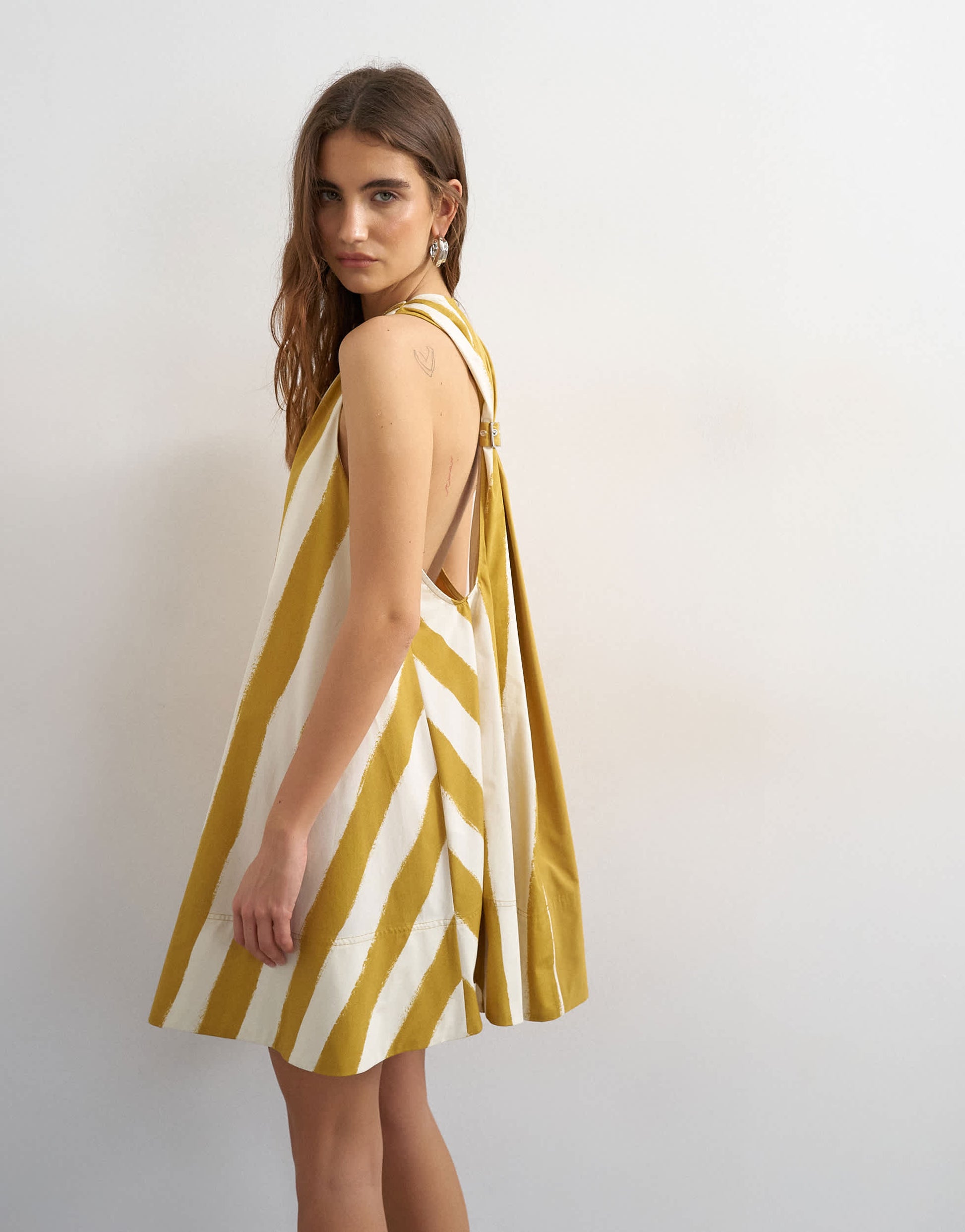 Topshop poplin halter deep hem mini trapeze dress in mustard contrast stripe