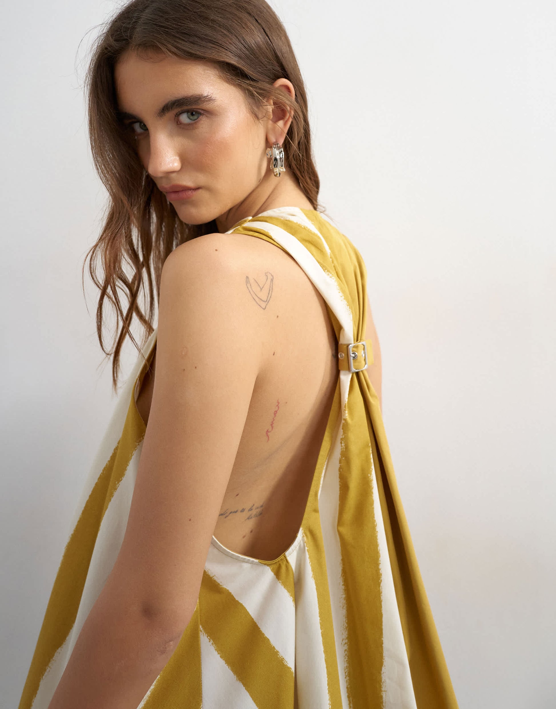 Topshop poplin halter deep hem mini trapeze dress in mustard contrast stripe