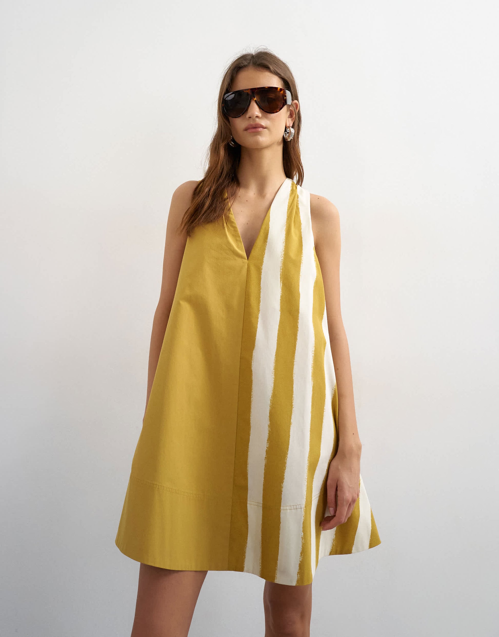 Topshop poplin halter deep hem mini trapeze dress in mustard contrast stripe