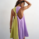 Topshop poplin halter deep hem mini trapeze dress in lilac and lime colour block