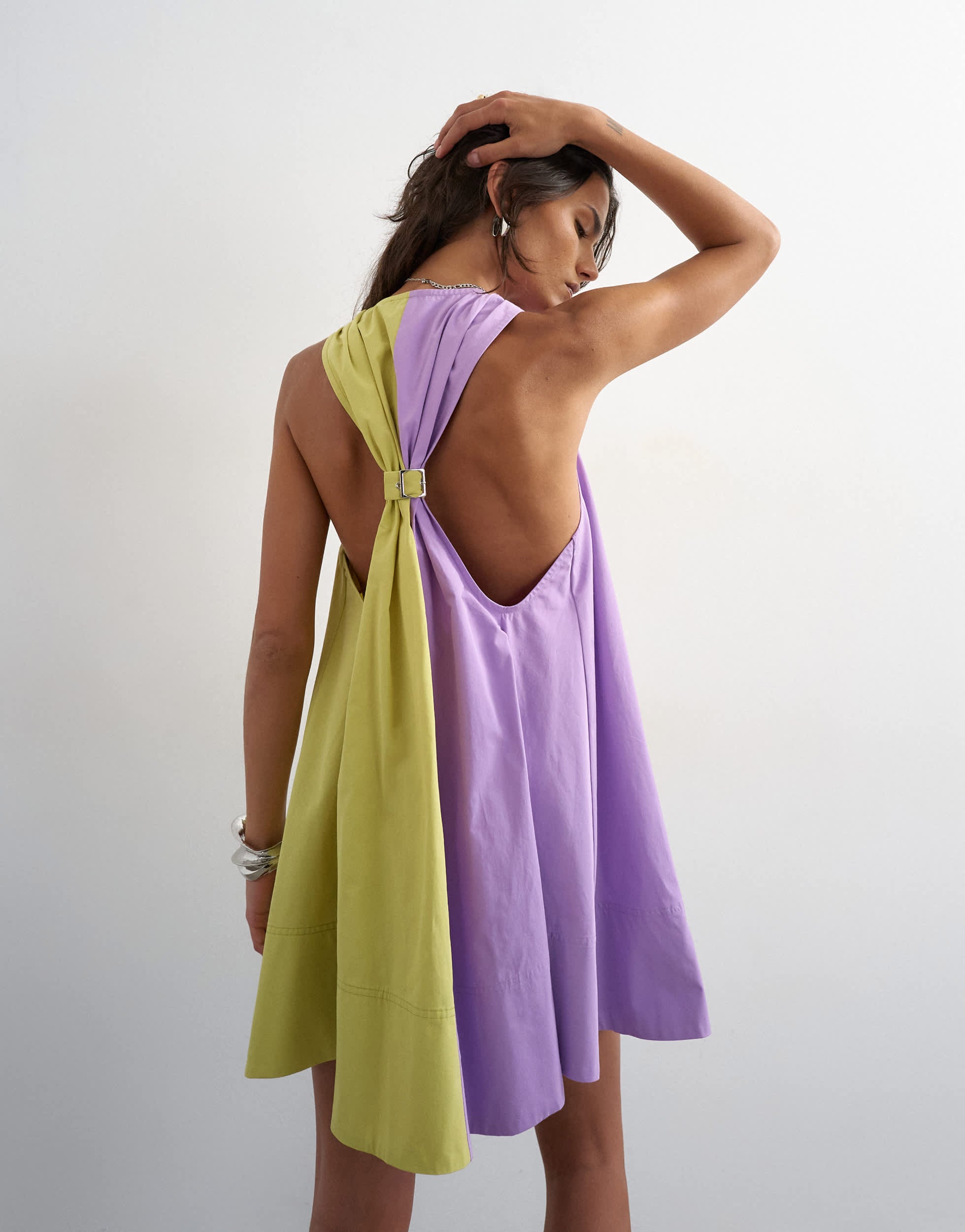 Topshop poplin halter deep hem mini trapeze dress in lilac and lime colour block