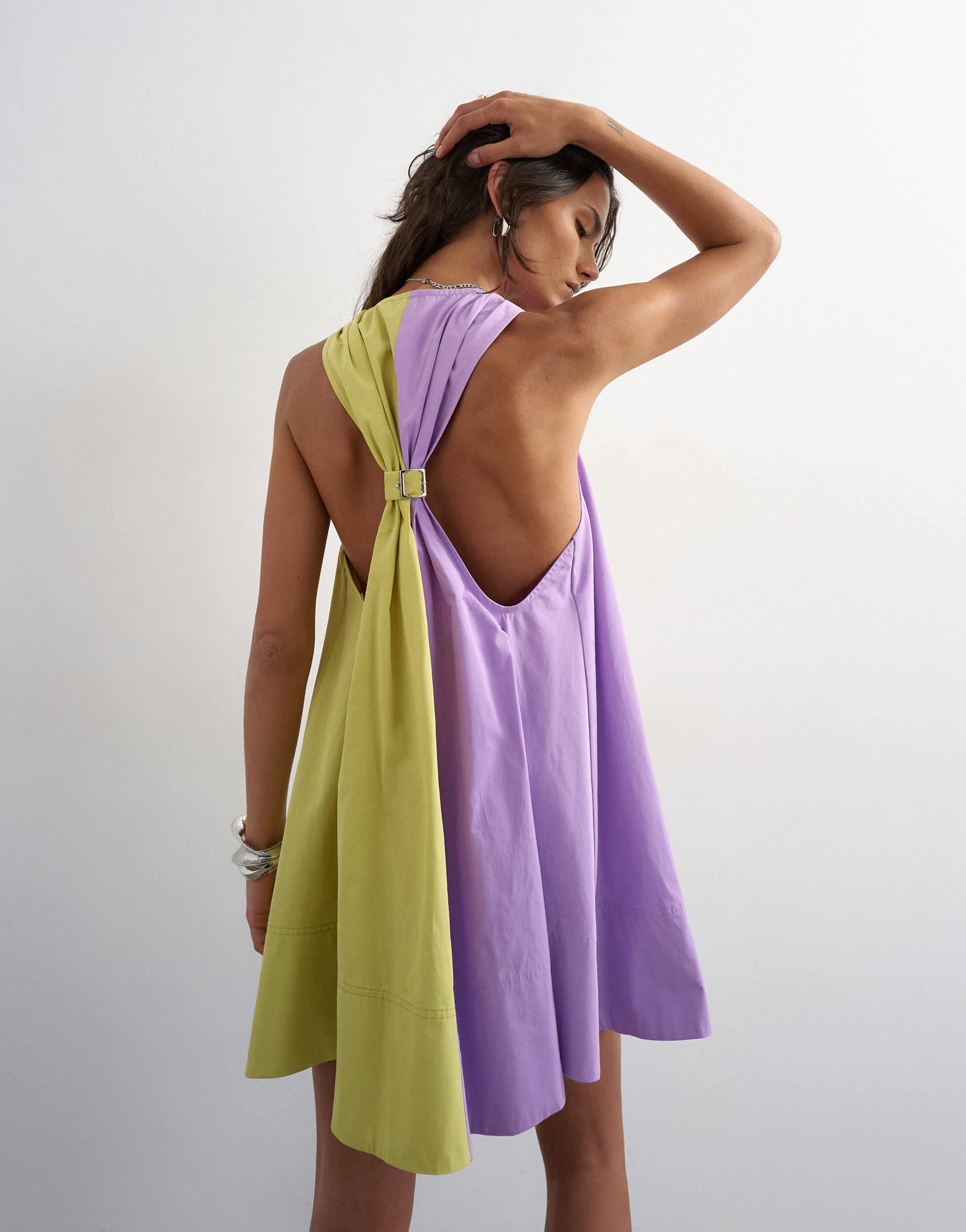 Topshop poplin halter deep hem mini trapeze dress in lilac and lime colour block