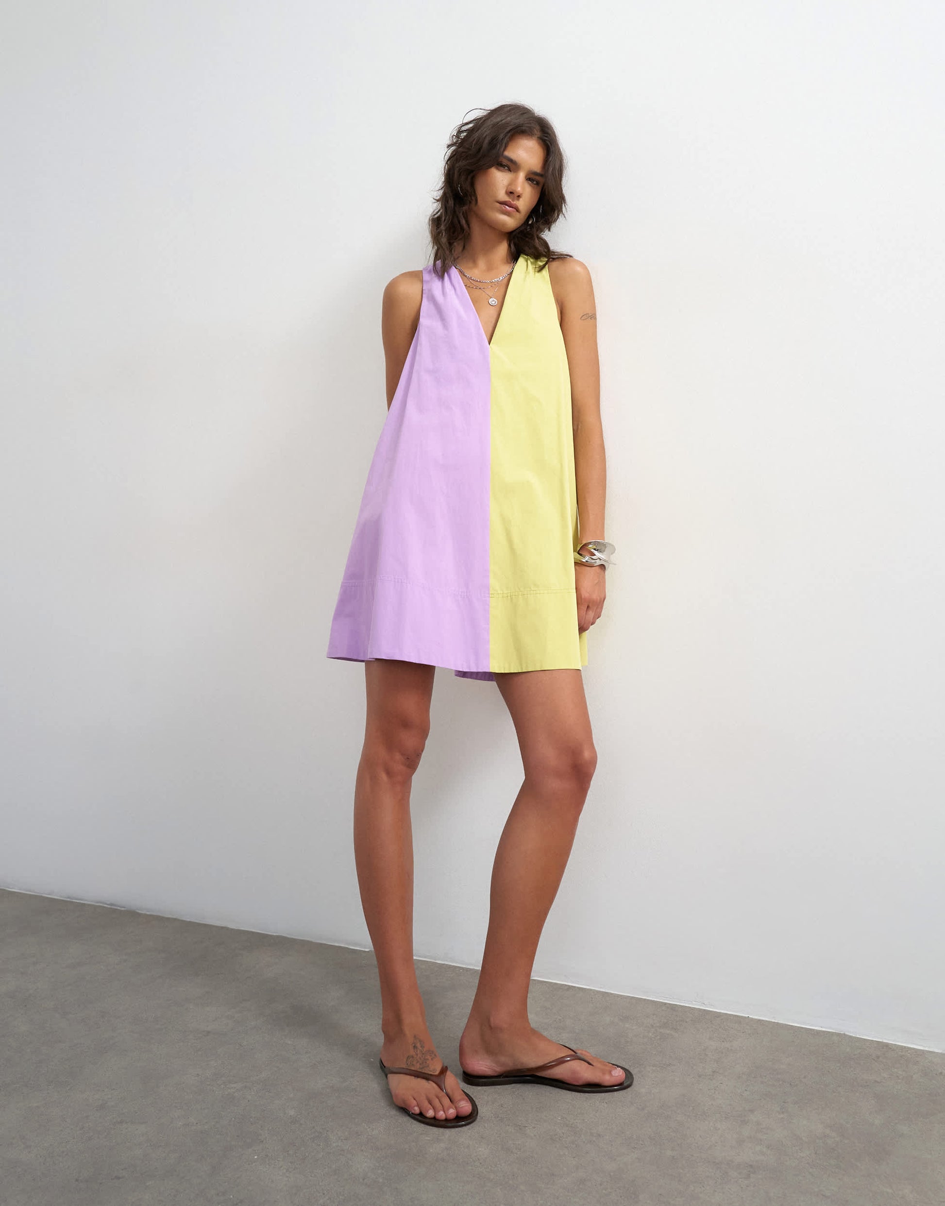 Topshop poplin halter deep hem mini trapeze dress in lilac and lime colour block