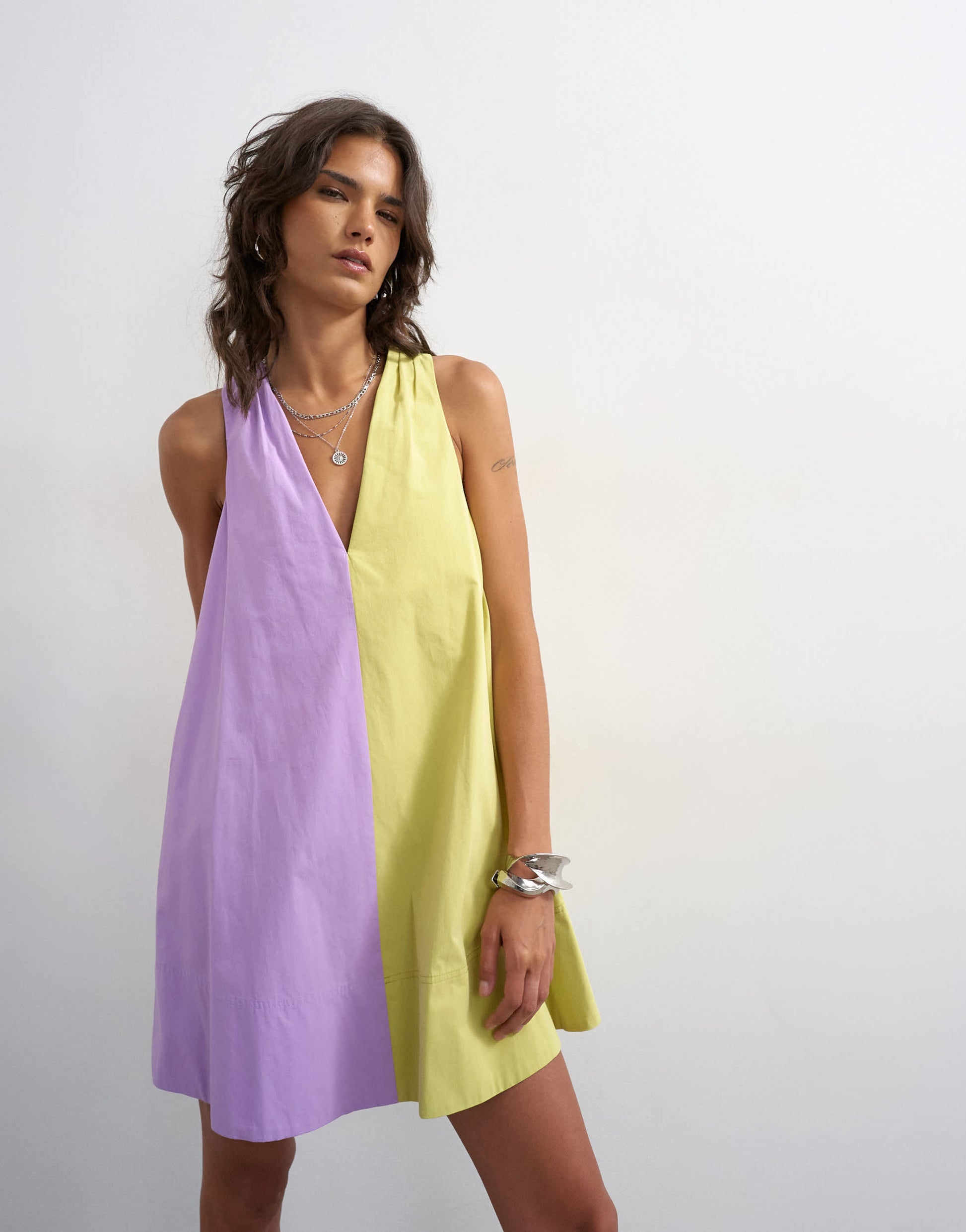 Topshop poplin halter deep hem mini trapeze dress in lilac and lime colour block