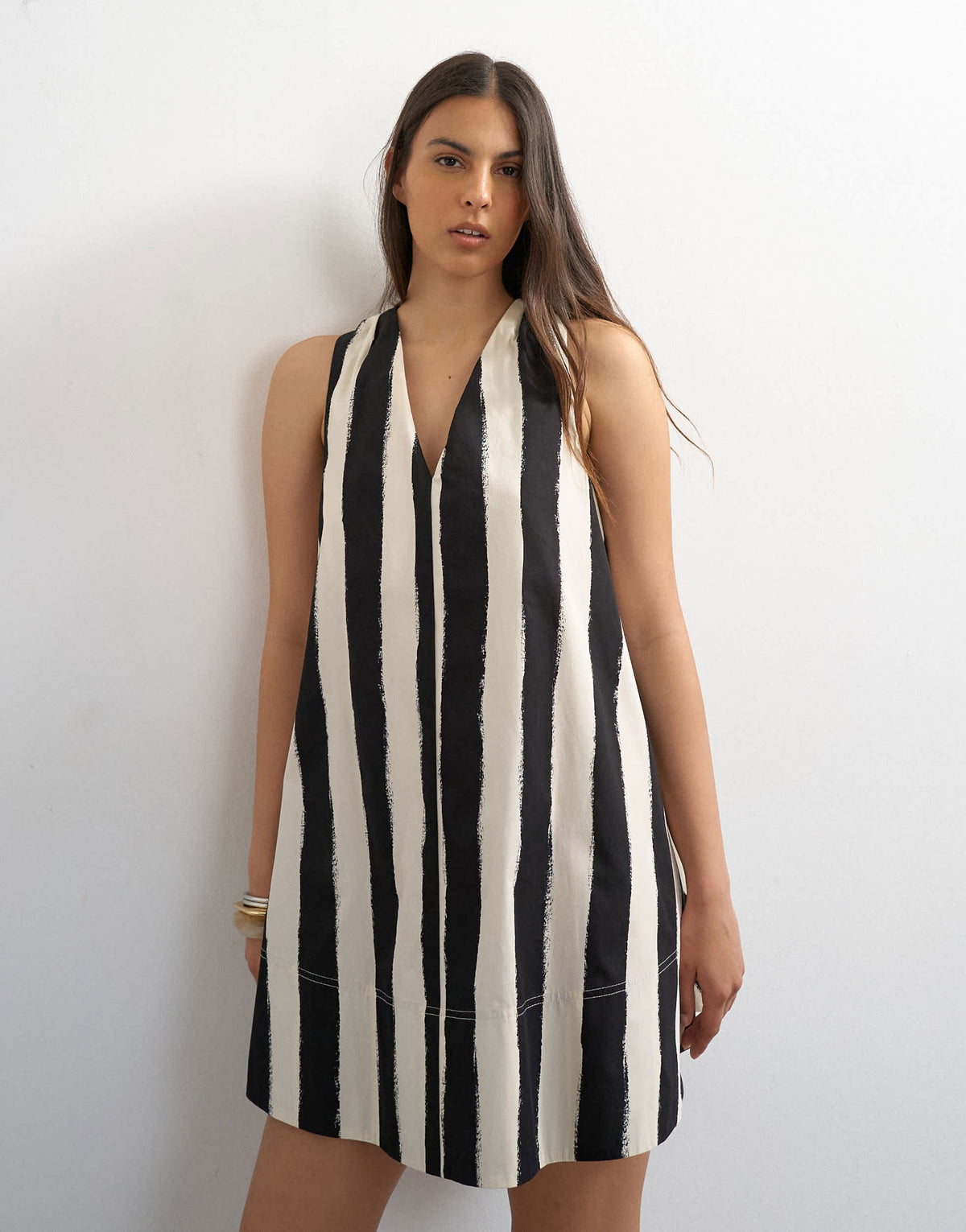 Topshop poplin halter deep hem mini trapeze dress in mono stripe