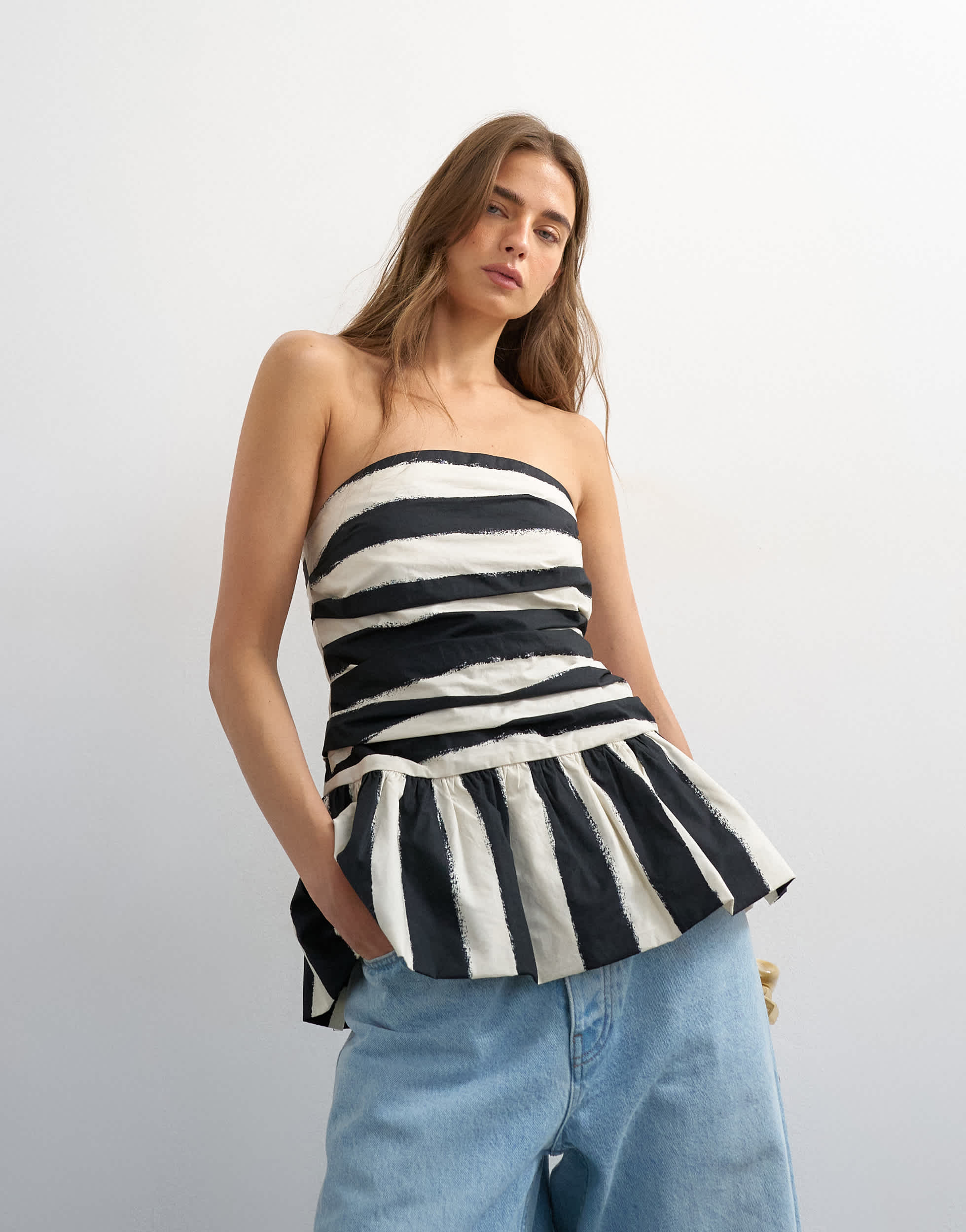 Topshop gathered bust bandeau with peplum hem in mono stripe
