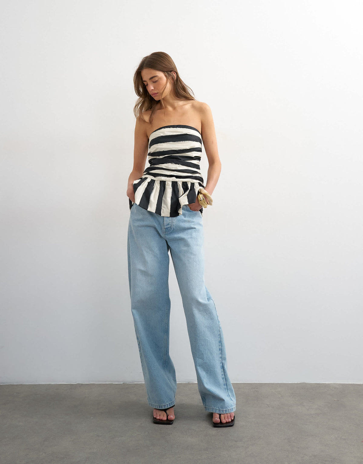 Topshop gathered bust bandeau with peplum hem in mono stripe
