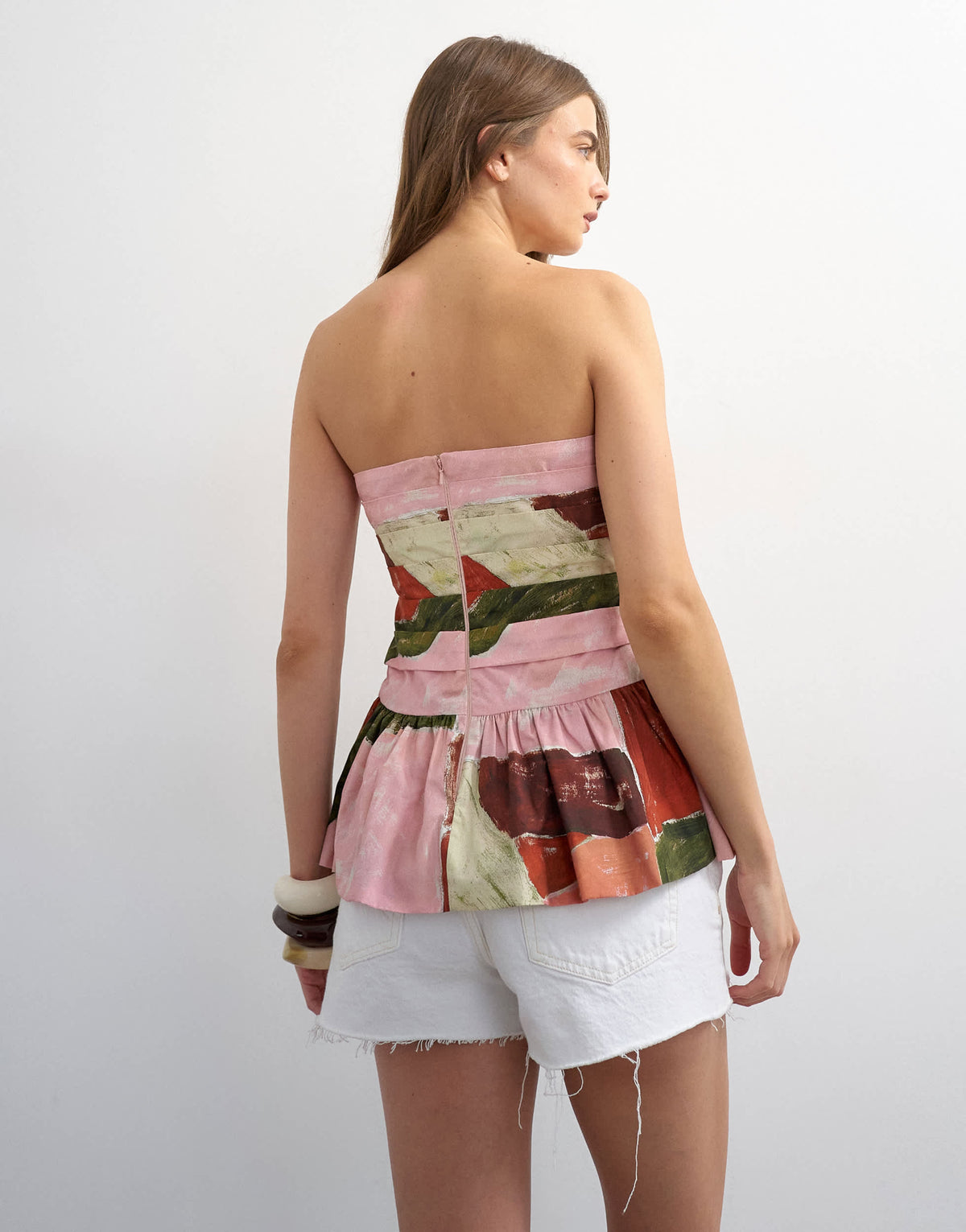 Topshop gathered bust bandeau with peplum hem in abstract print