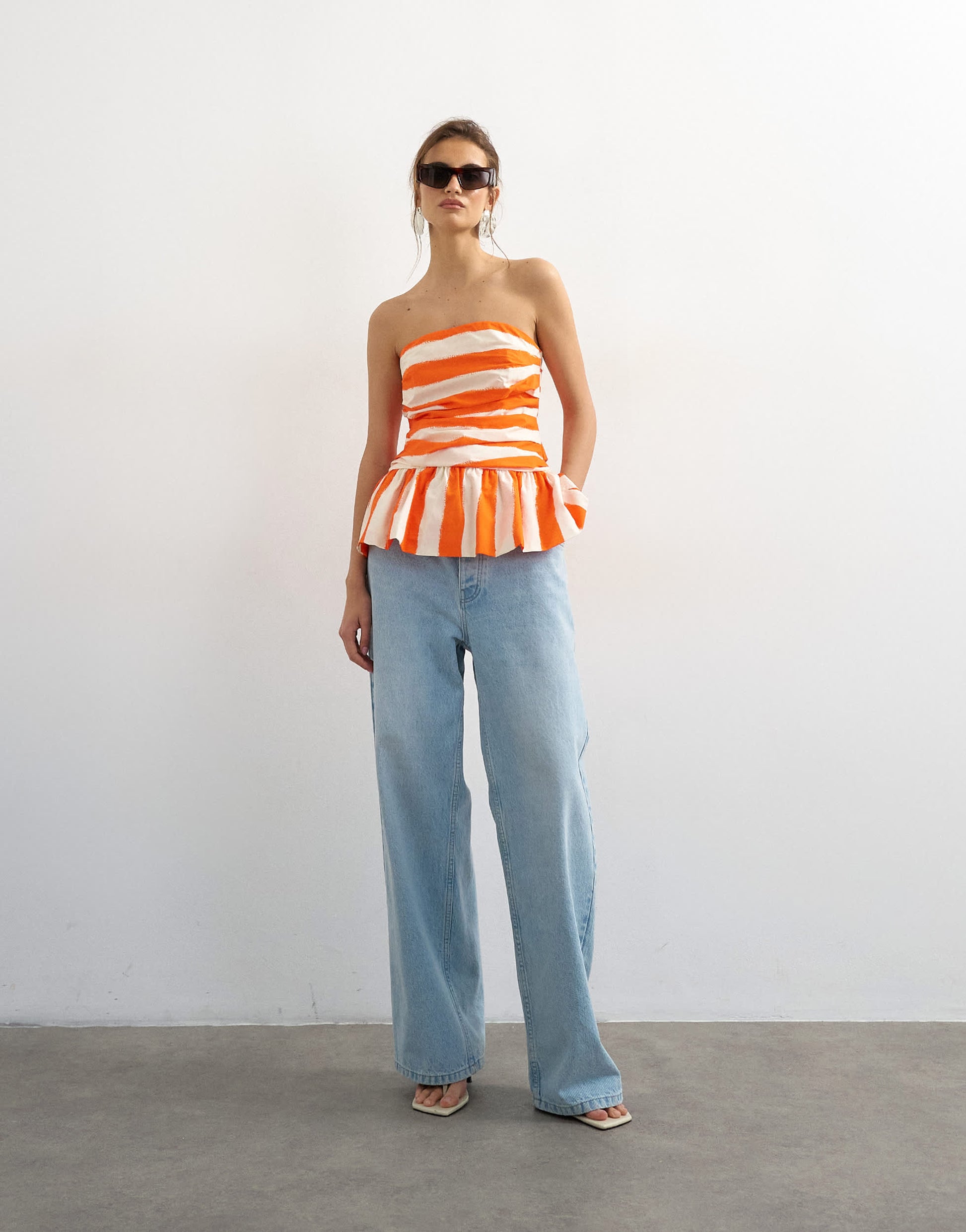 Topshop gathered bust bandeau with peplum hem in orange stripe