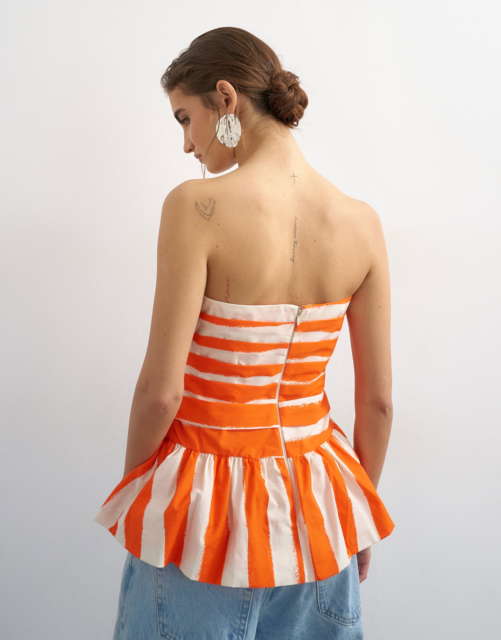 Topshop gathered bust bandeau with peplum hem in orange stripe