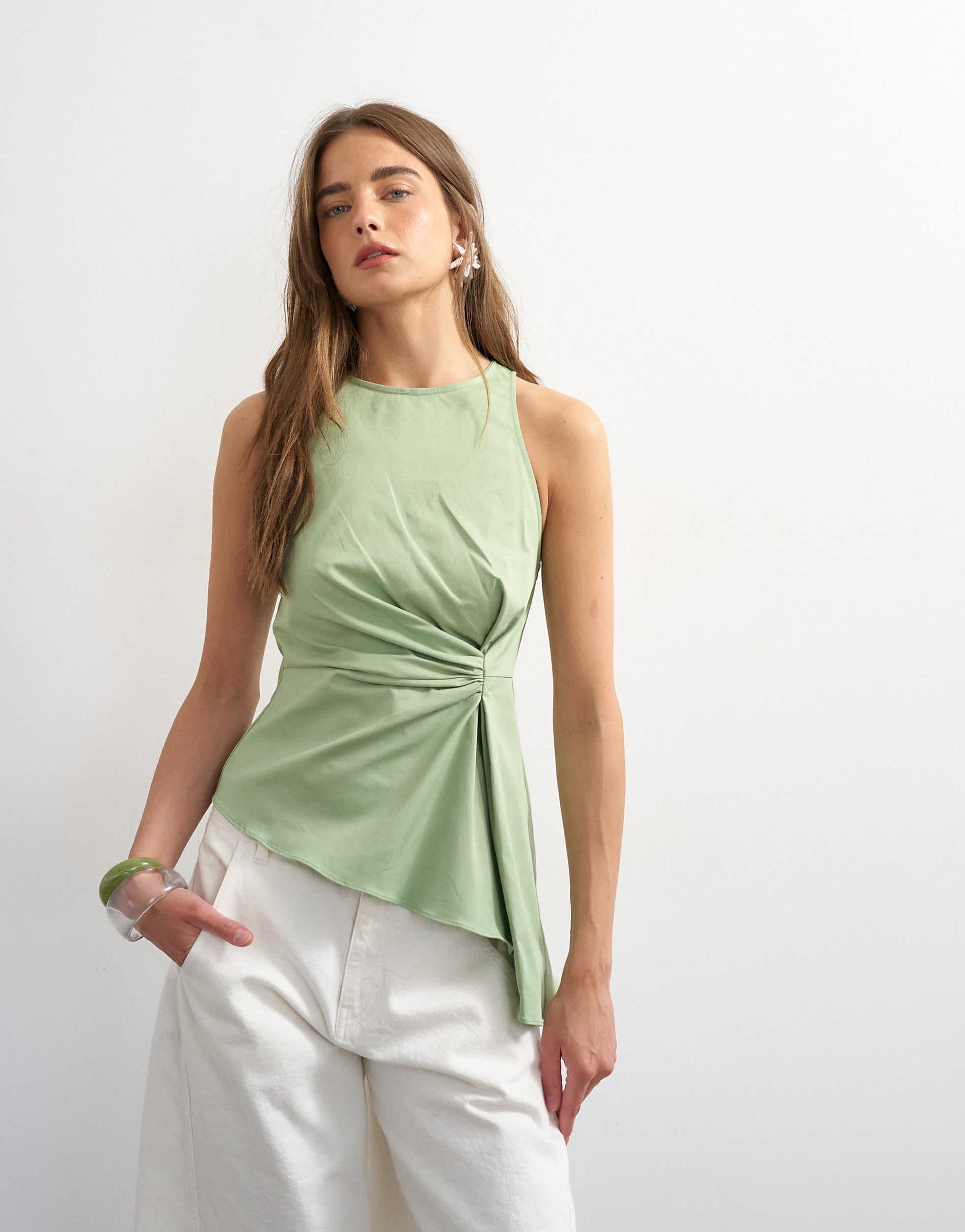 Topshop tuck side asym hem top in sage