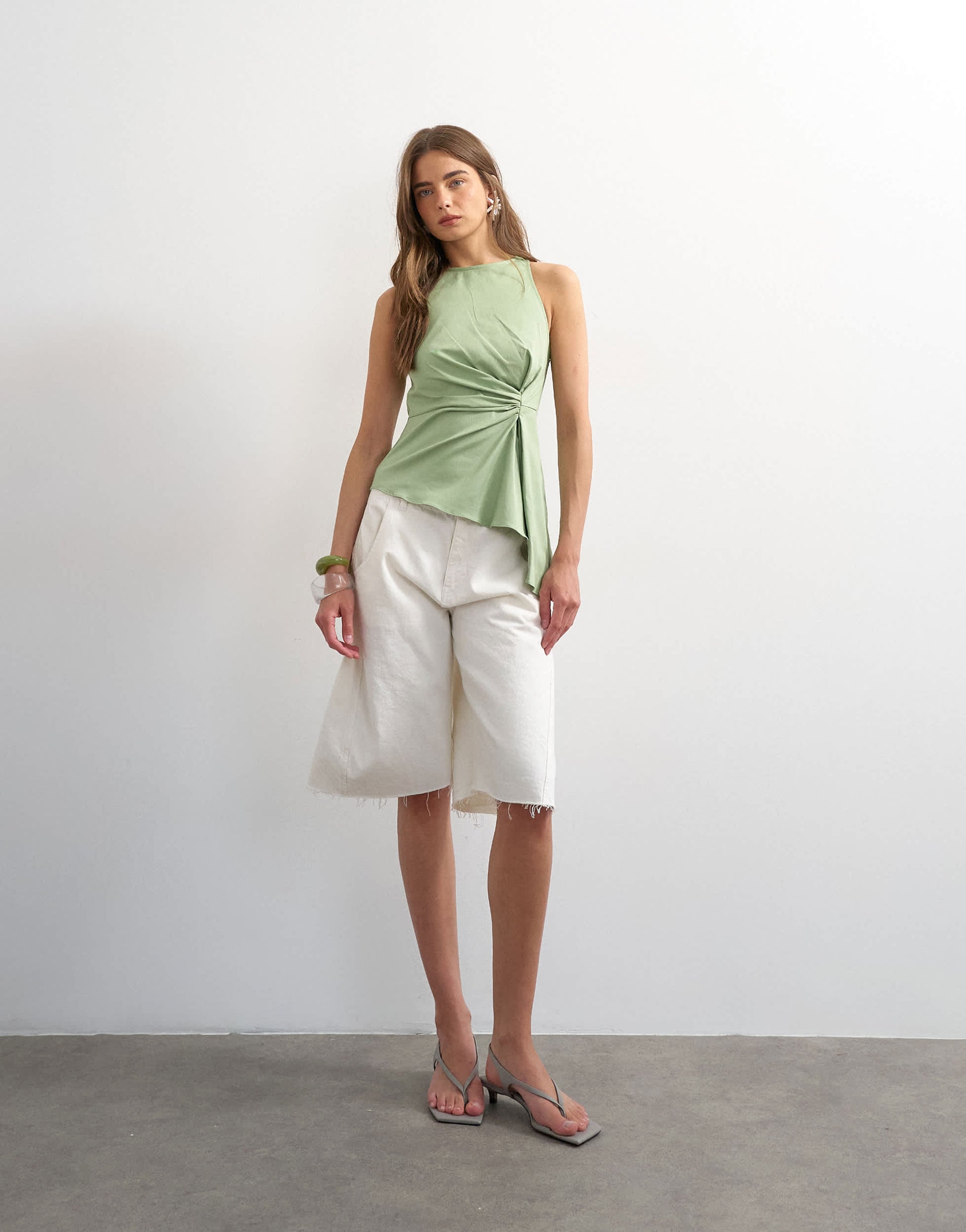 Topshop tuck side asym hem top in sage