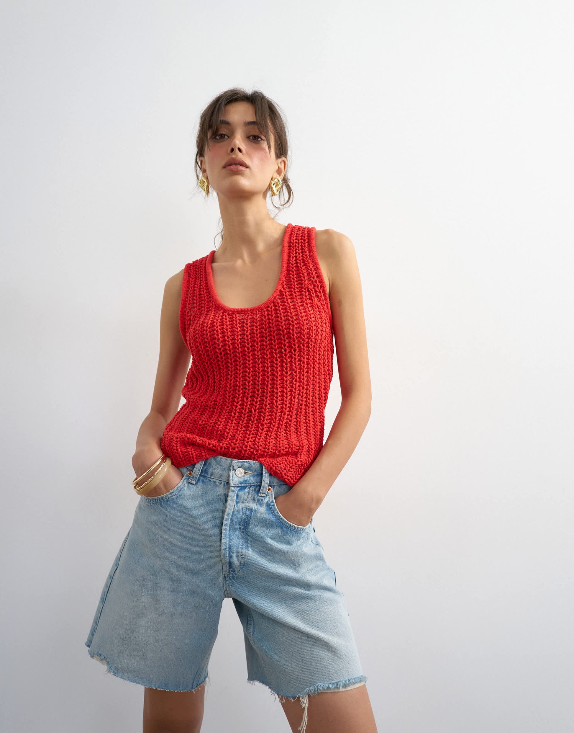 Topshop knitted low scoop crochet vest top in red