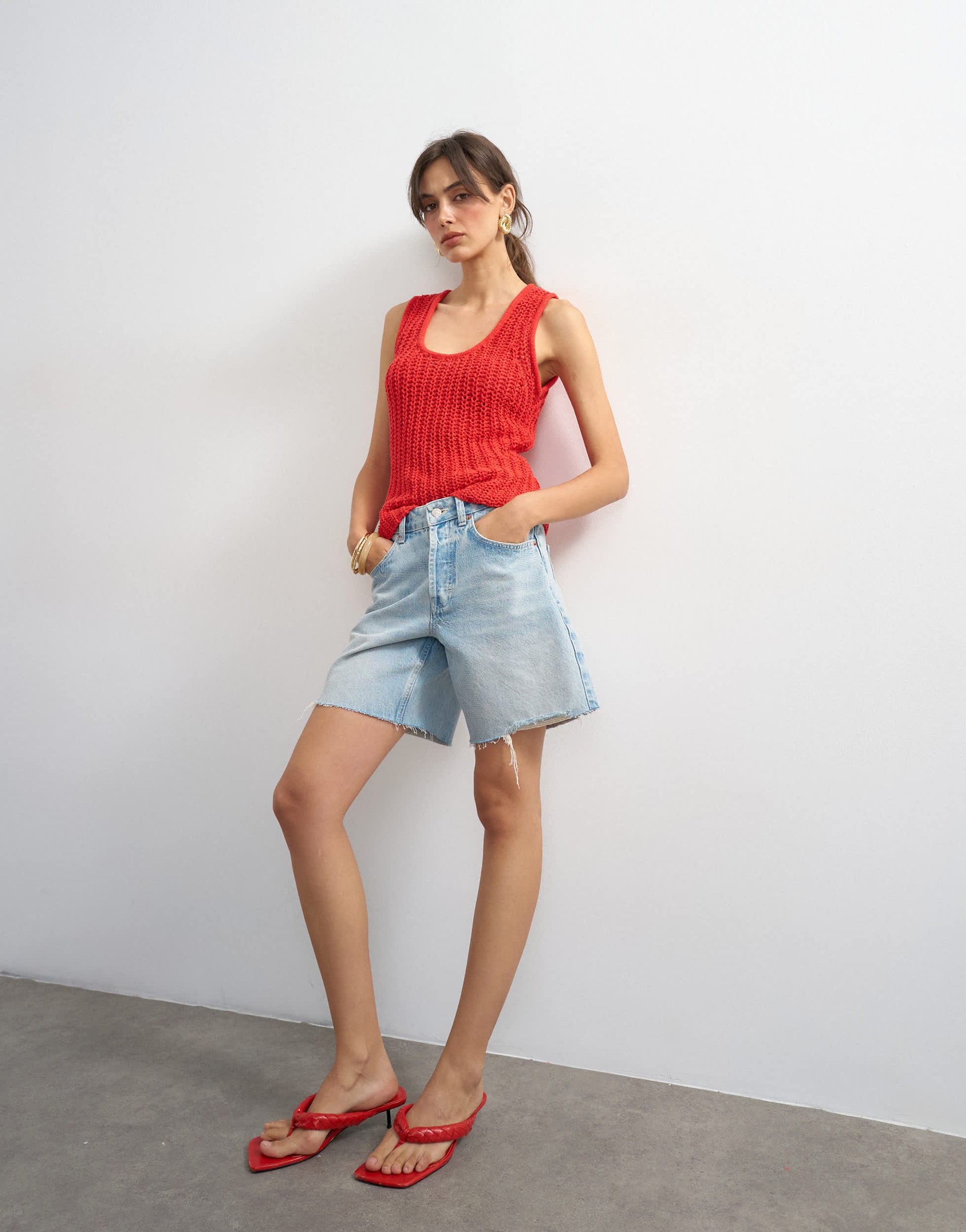 Topshop knitted low scoop crochet vest top in red