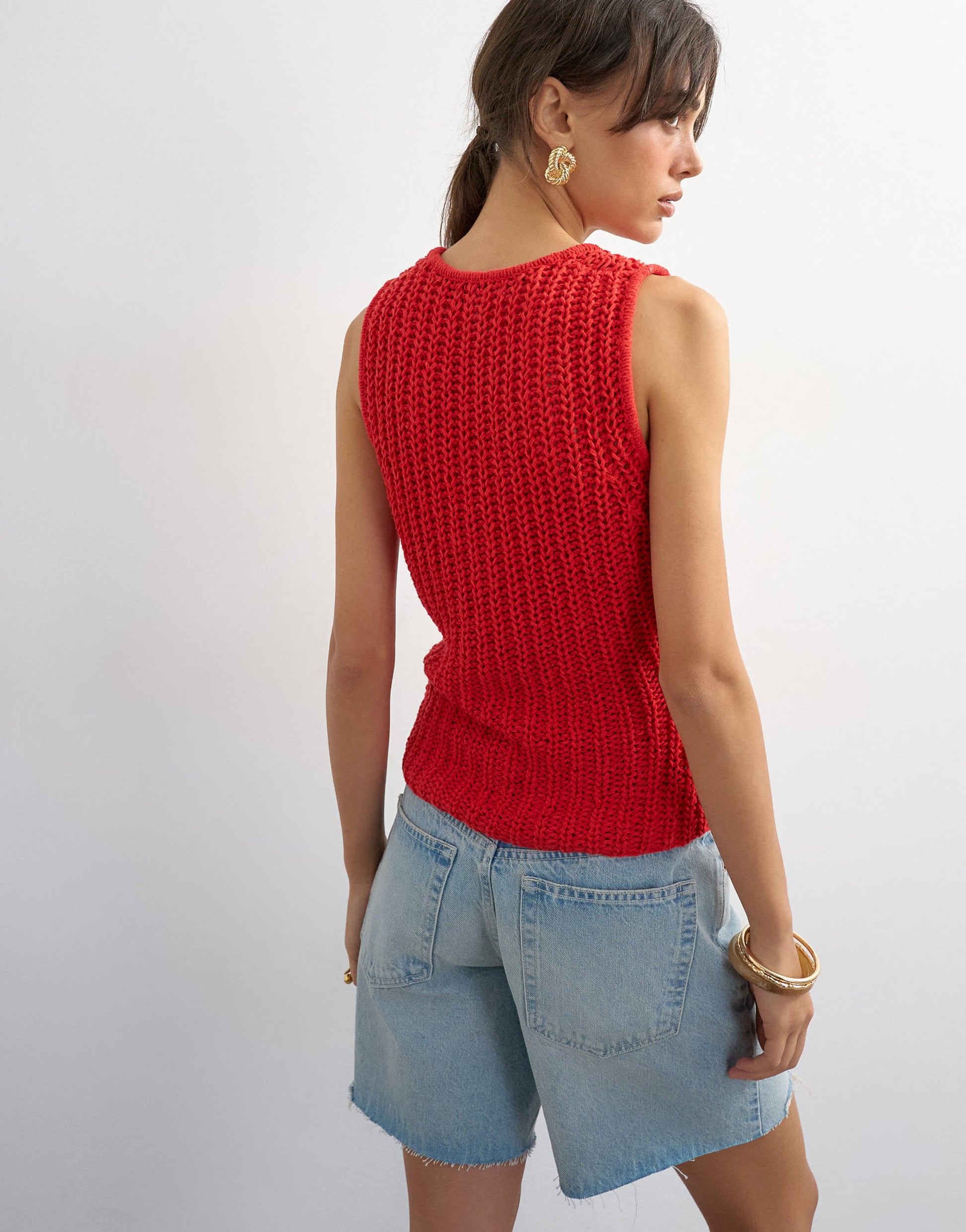 Topshop knitted low scoop crochet vest top in red
