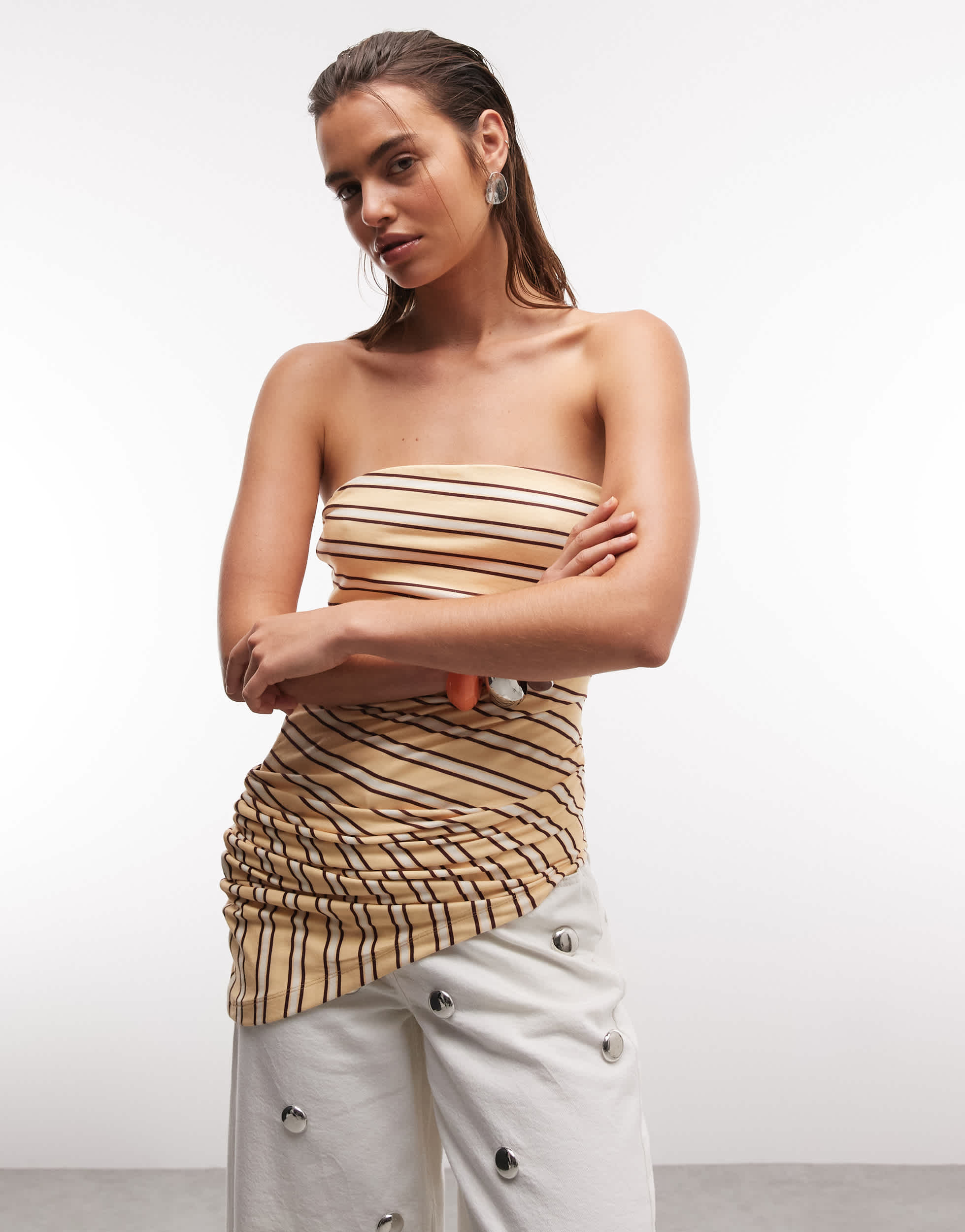 Topshop stripe bandeau ruched side asymmetric hem in yellow