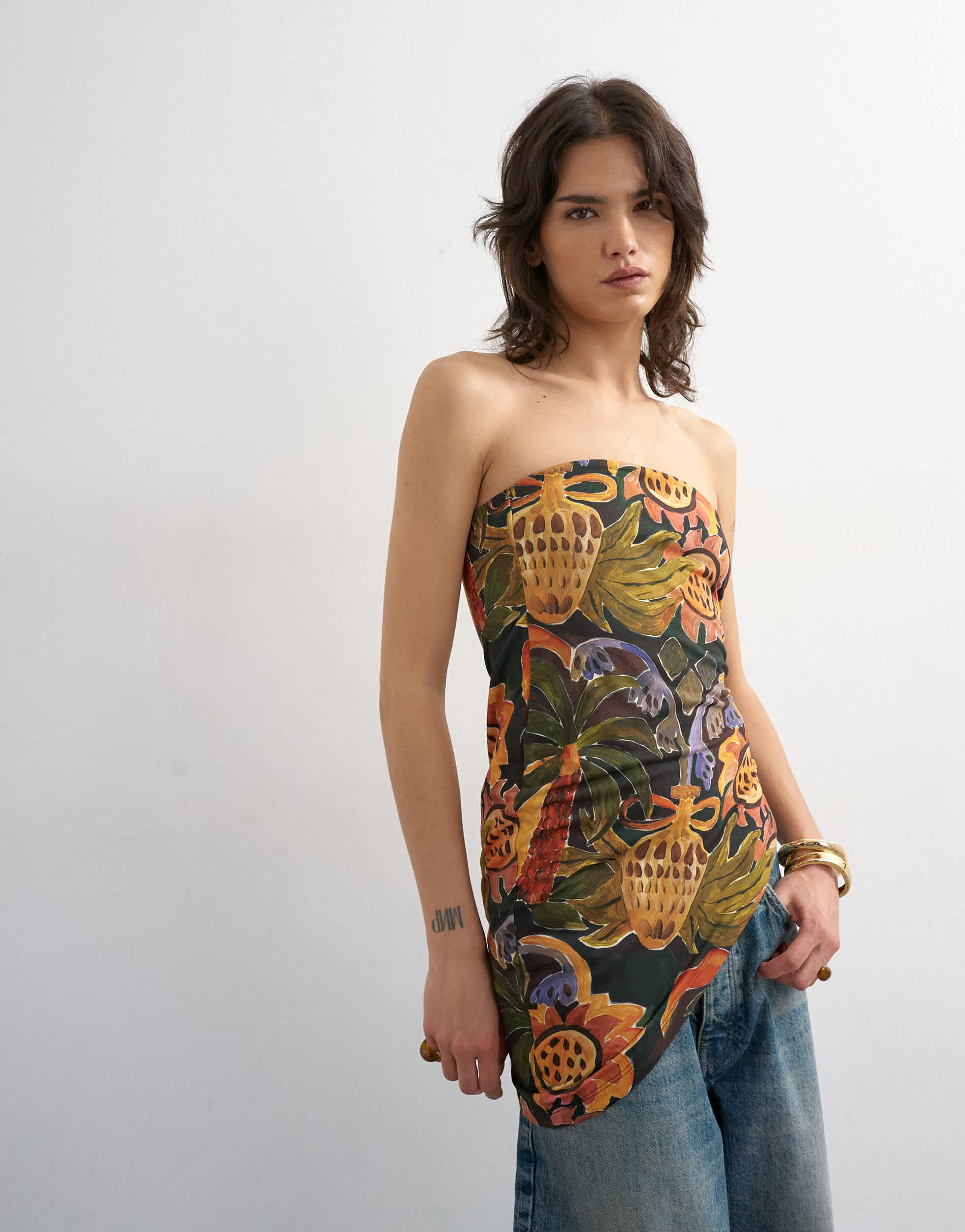 Topshop tropical print bandeau ruched side asymmetric hem in multi