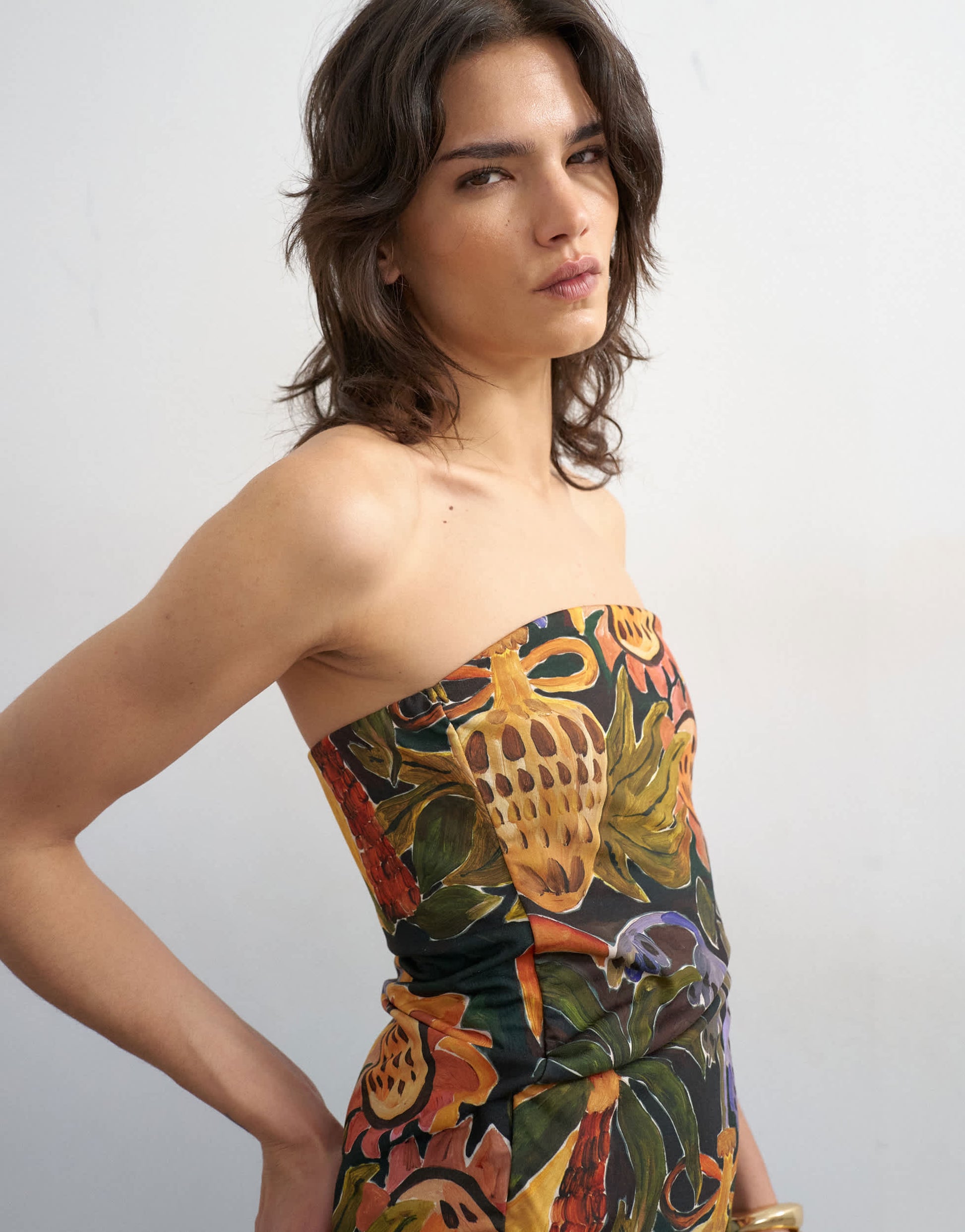 Topshop tropical print bandeau ruched side asymmetric hem in multi