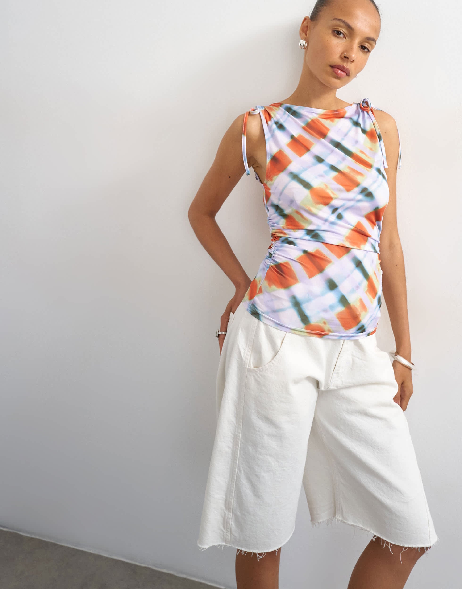 Topshop blurred check print microfibre ruched shoulder tank in lilac