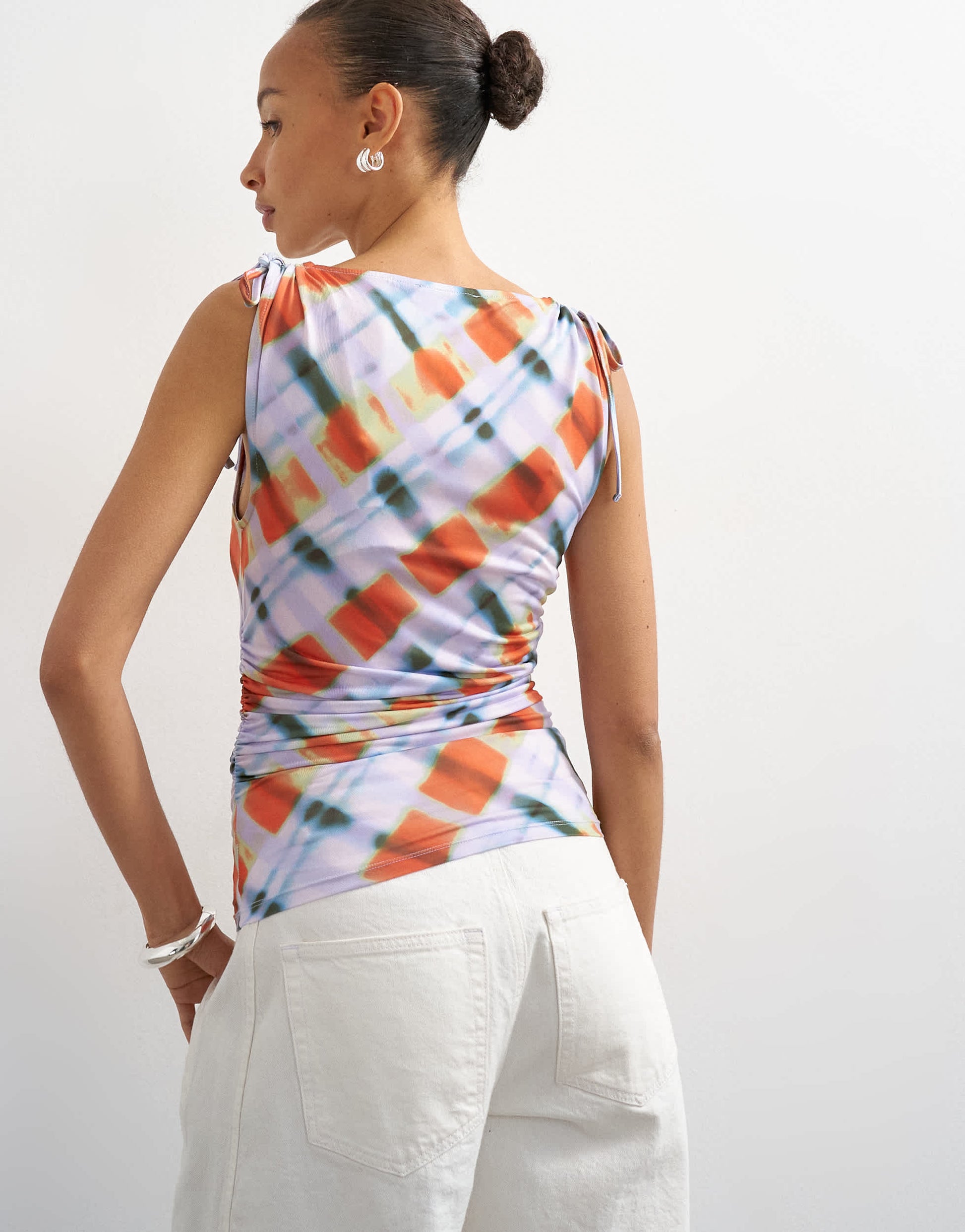 Topshop blurred check print microfibre ruched shoulder tank in lilac