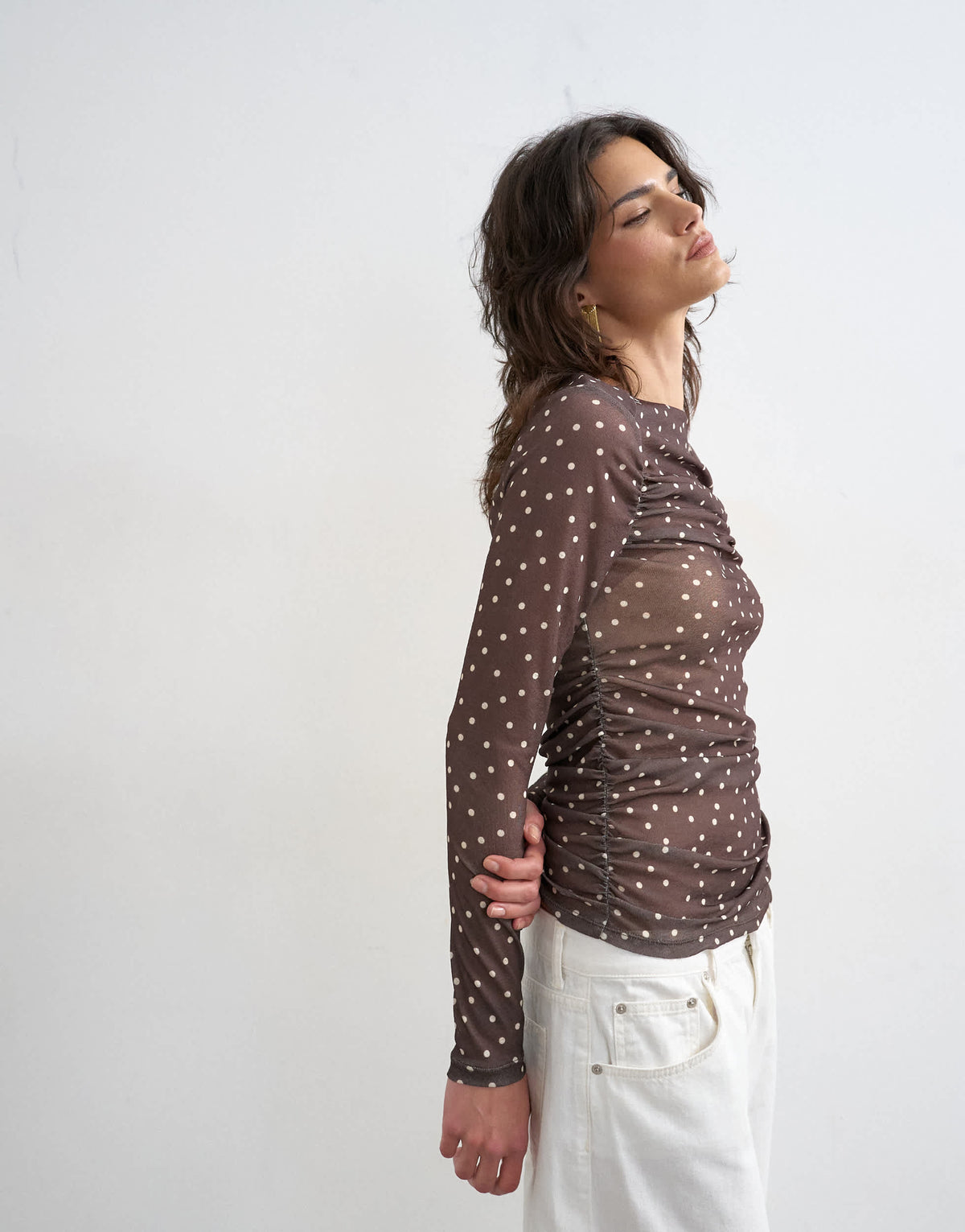 Topshop mesh slash neck long sleeve top in polka dot