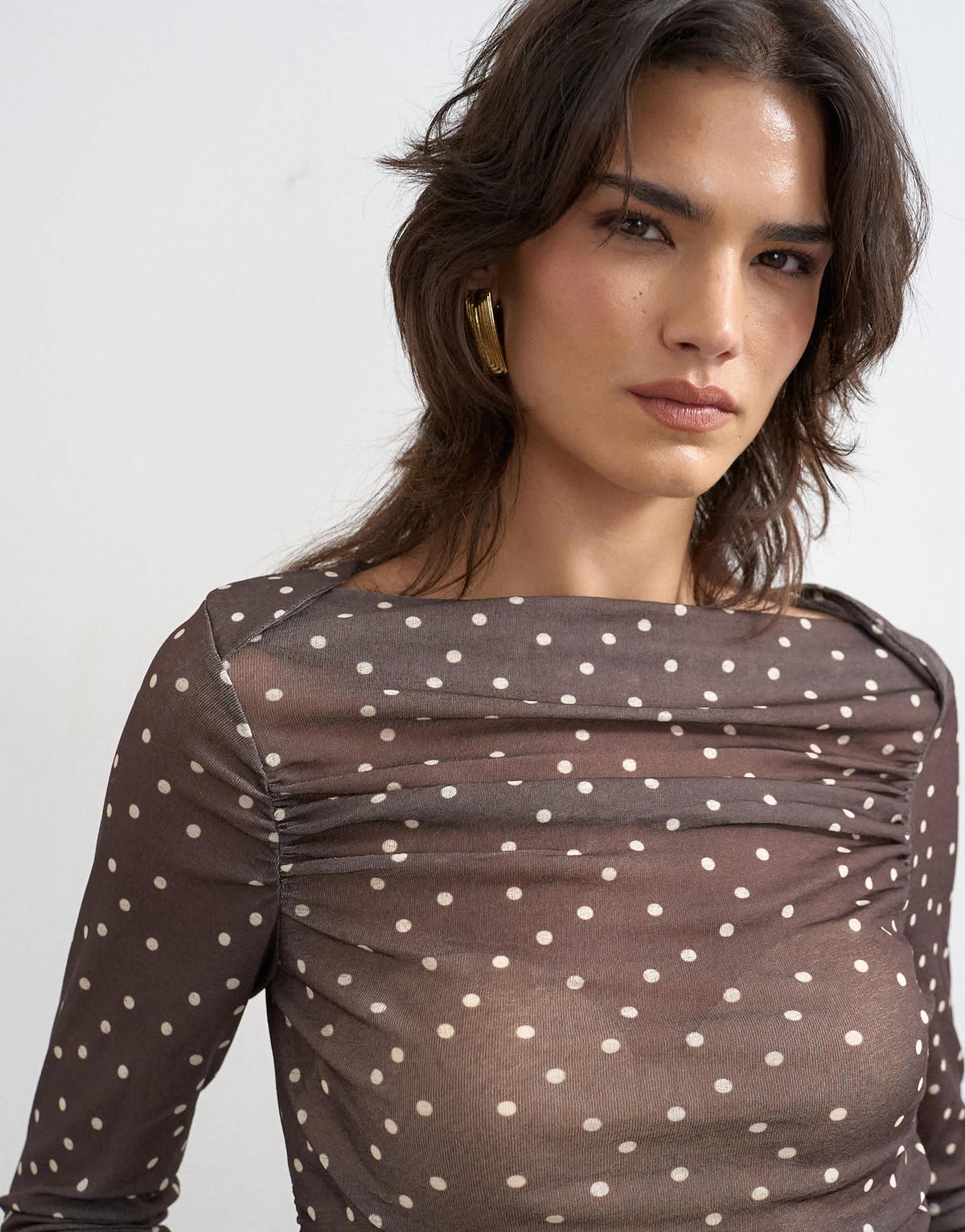 Topshop mesh slash neck long sleeve top in polka dot