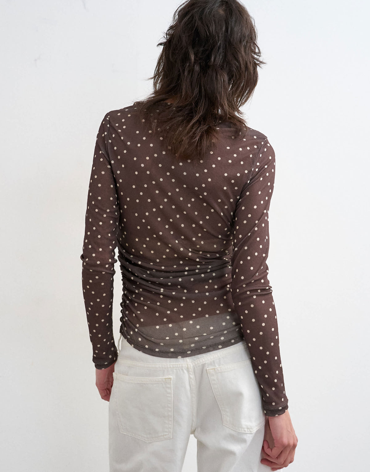 Topshop mesh slash neck long sleeve top in polka dot