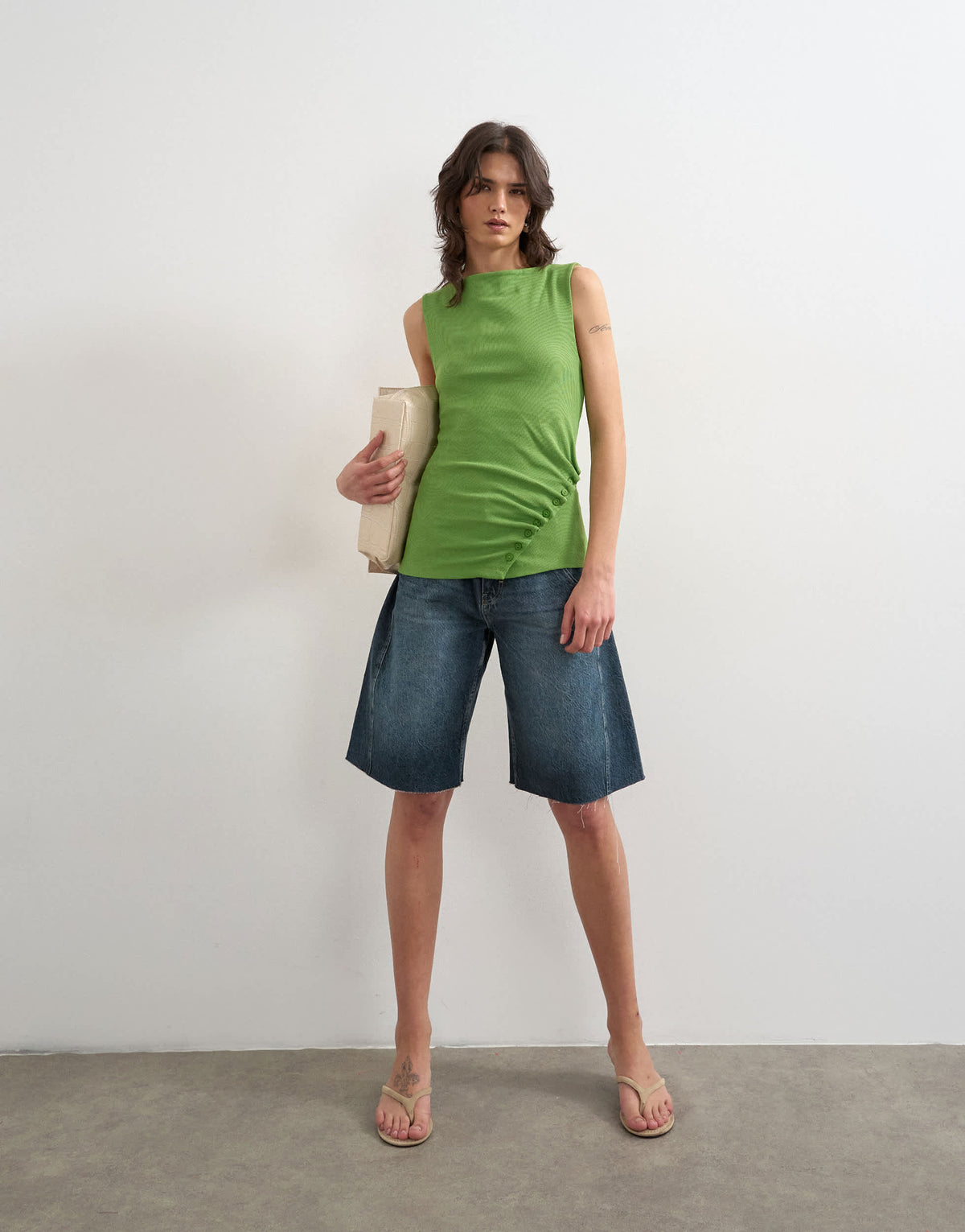 Topshop button detail slash neck ribbed top in olive green