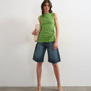 Topshop button detail slash neck ribbed top in olive green