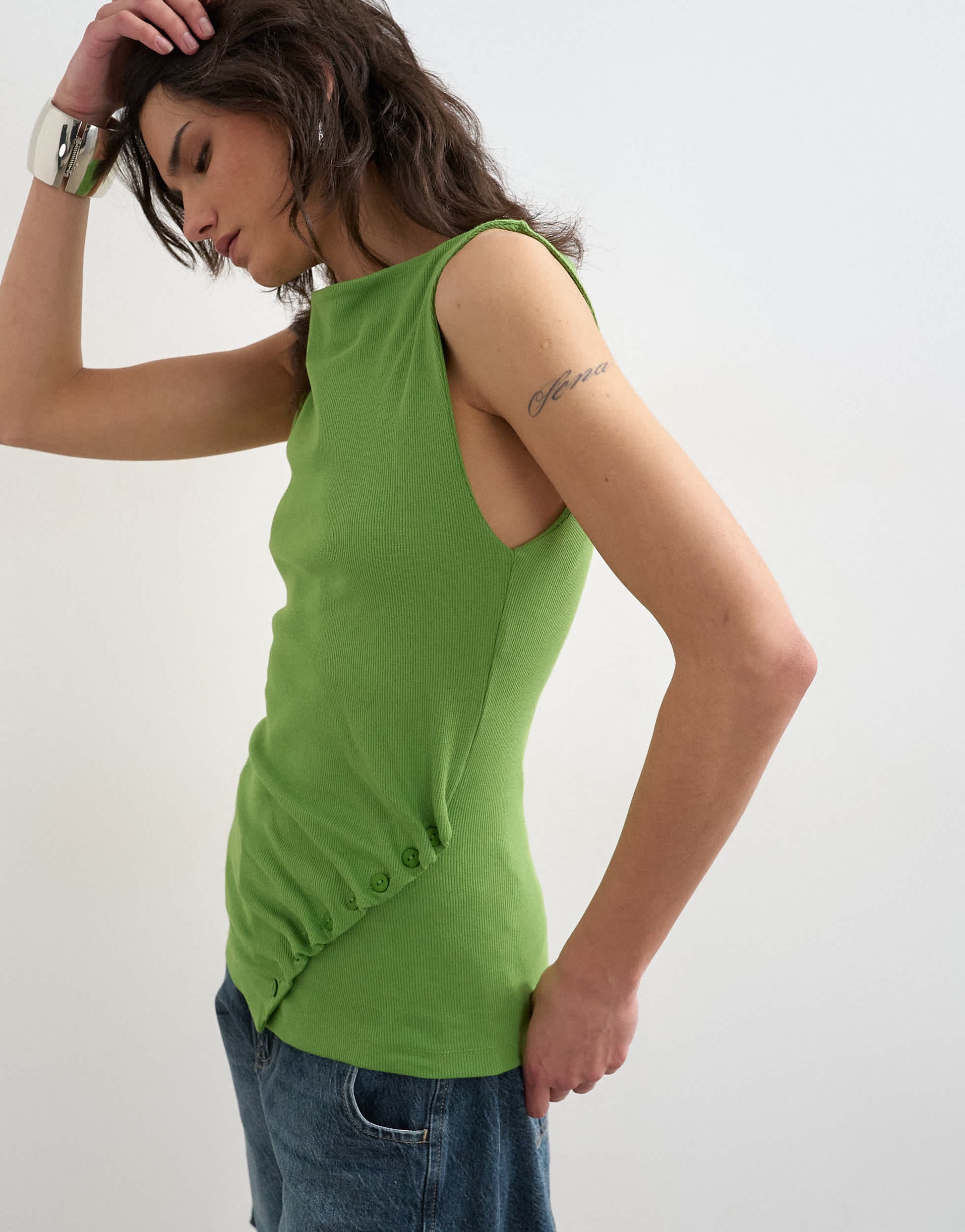 Topshop button detail slash neck ribbed top in olive green