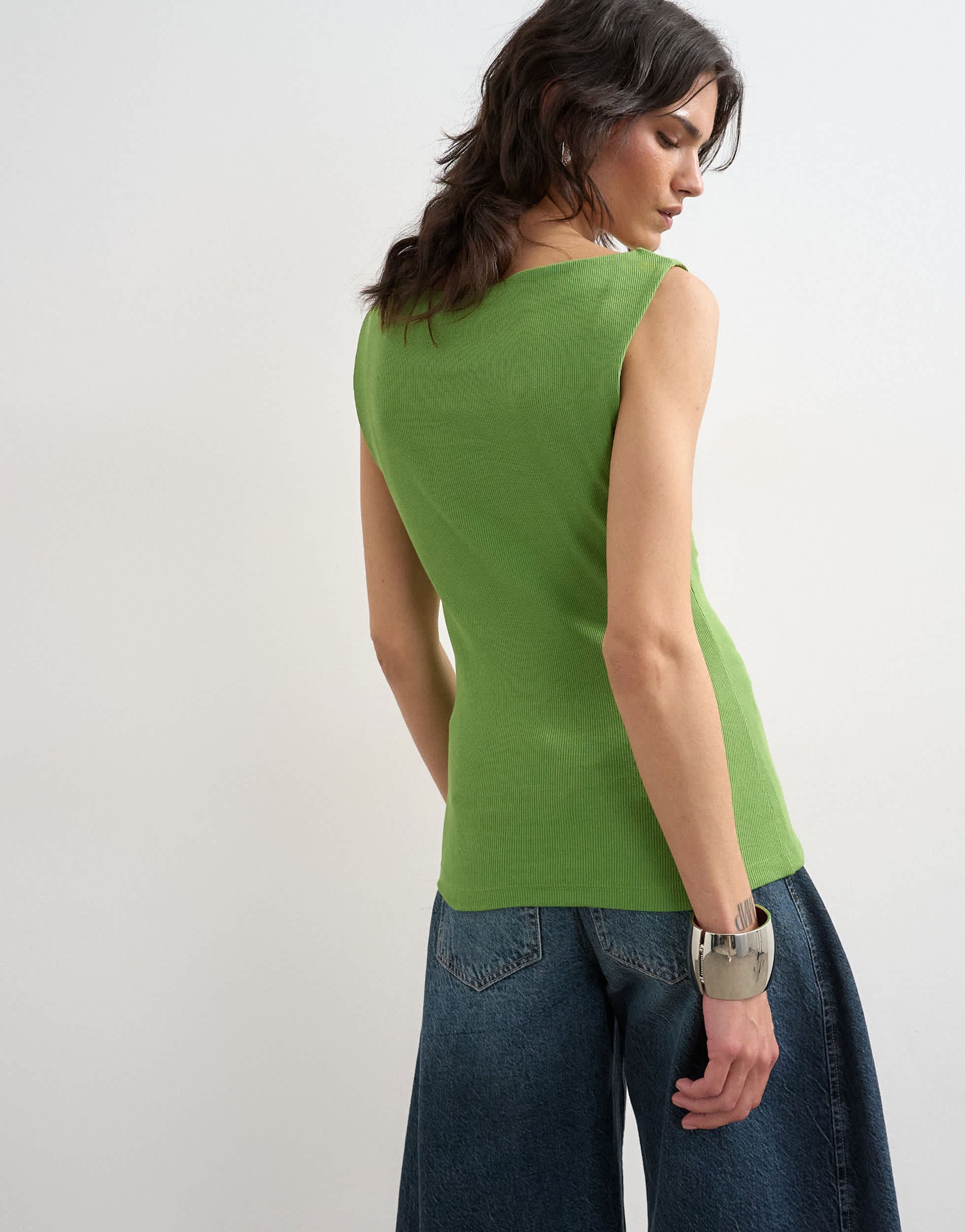 Topshop button detail slash neck ribbed top in olive green