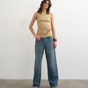 Topshop button detail slash neck ribbed top in oat