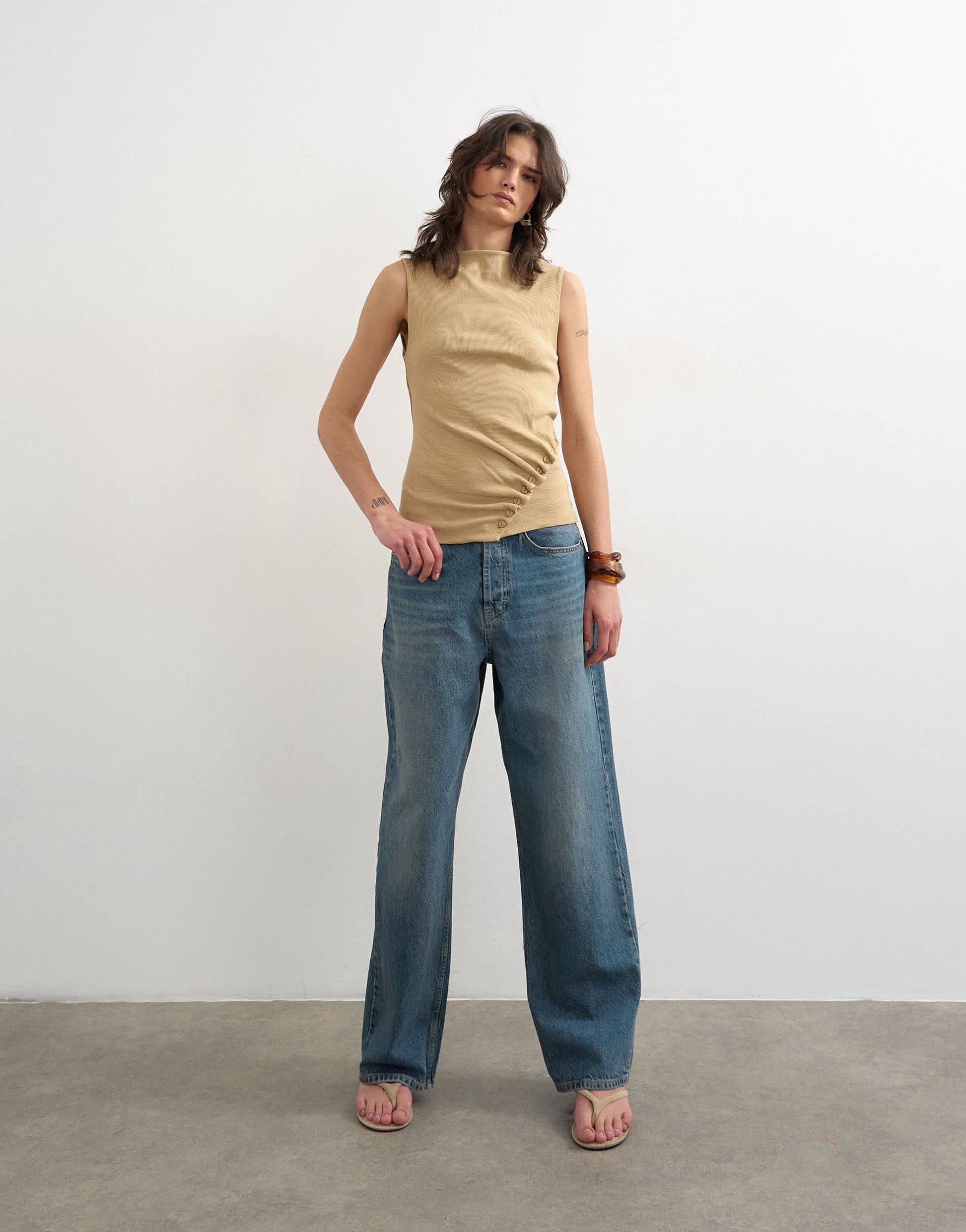 Topshop button detail slash neck ribbed top in oat