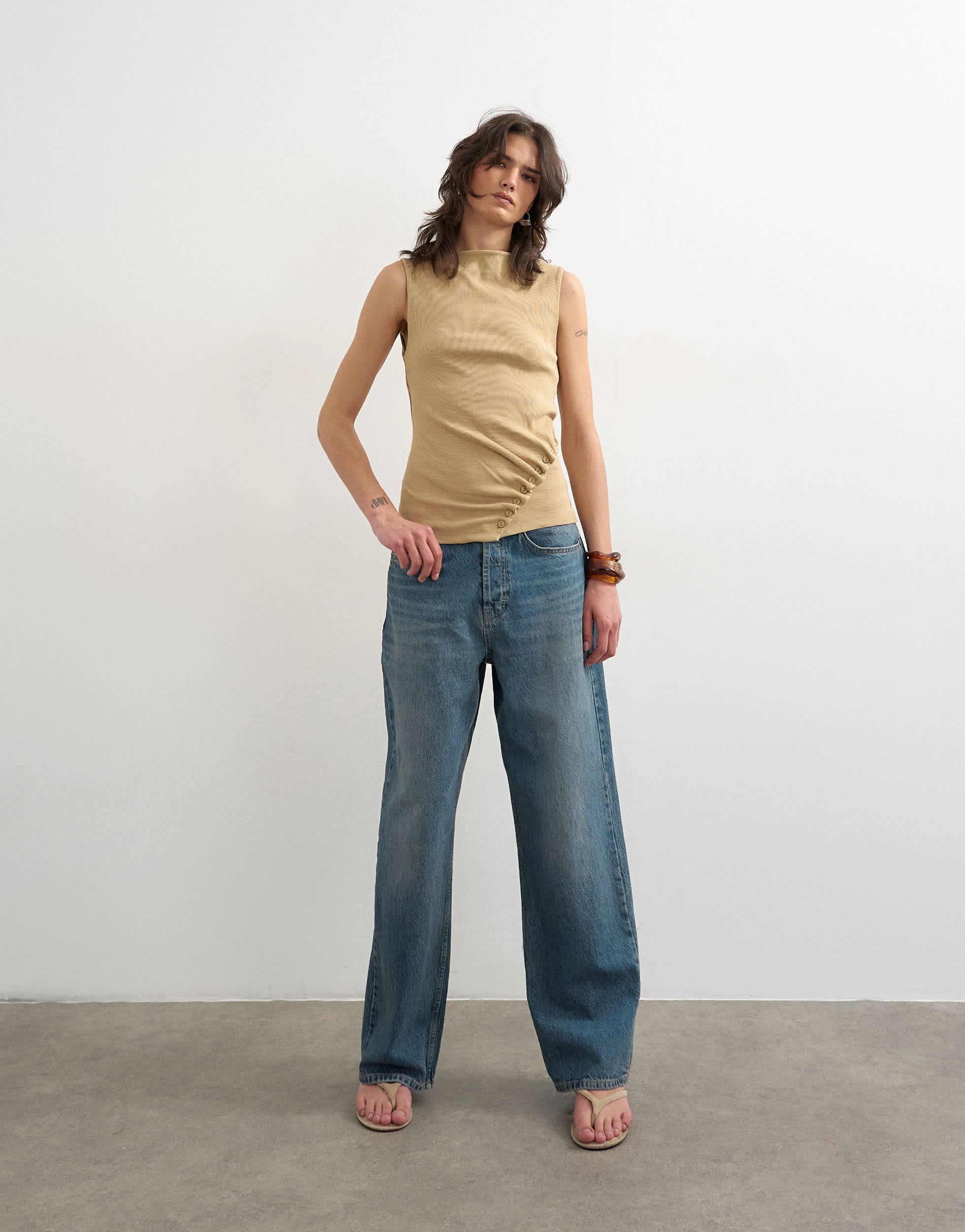 Topshop button detail slash neck ribbed top in oat
