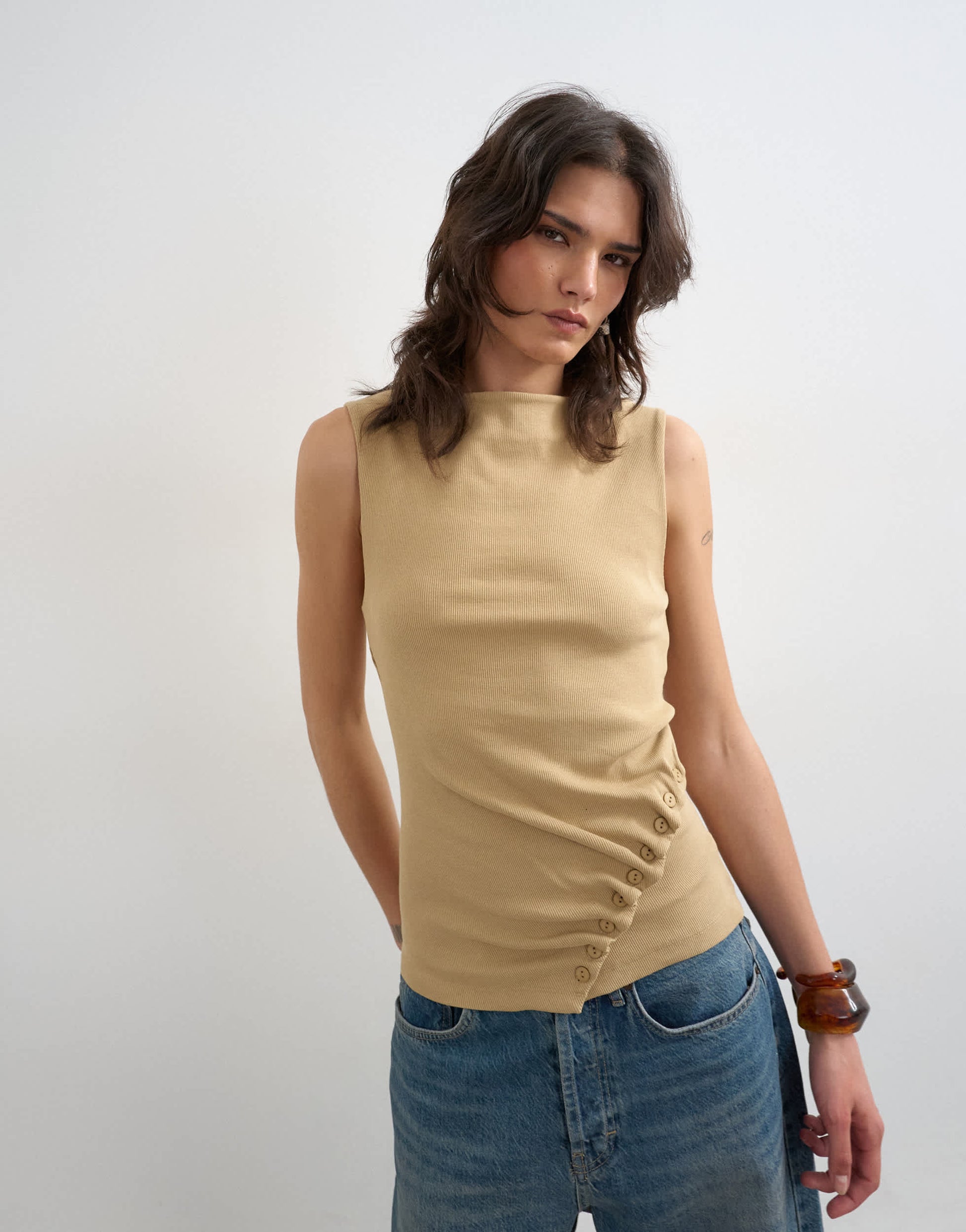 Topshop button detail slash neck ribbed top in oat