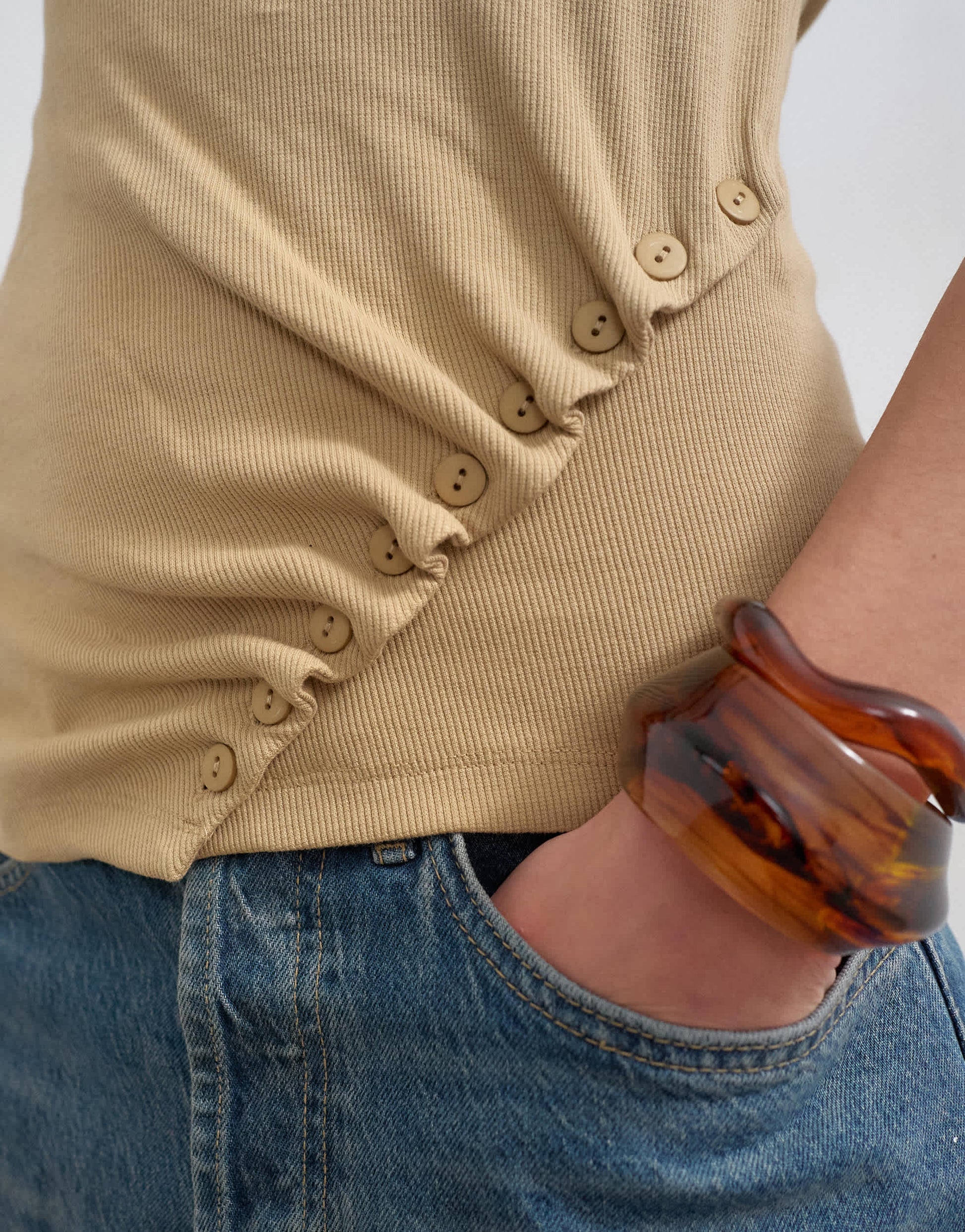 Topshop button detail slash neck ribbed top in oat