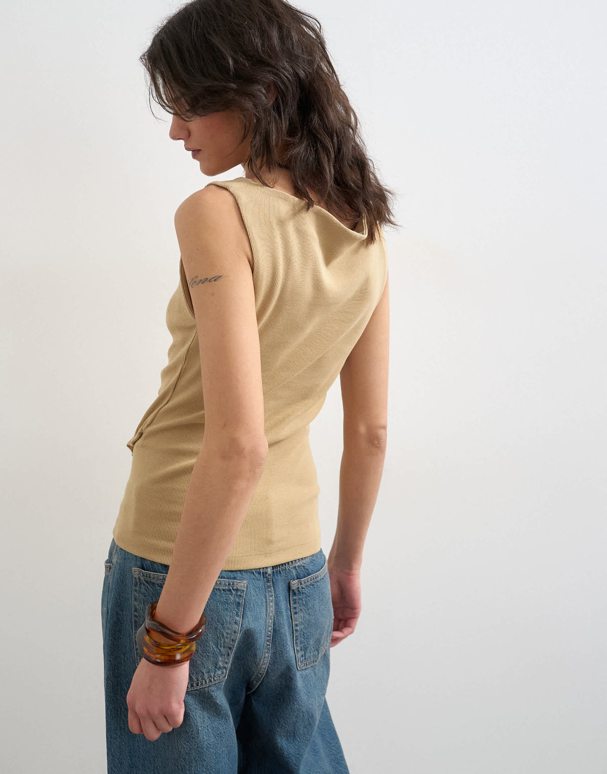Topshop button detail slash neck ribbed top in oat
