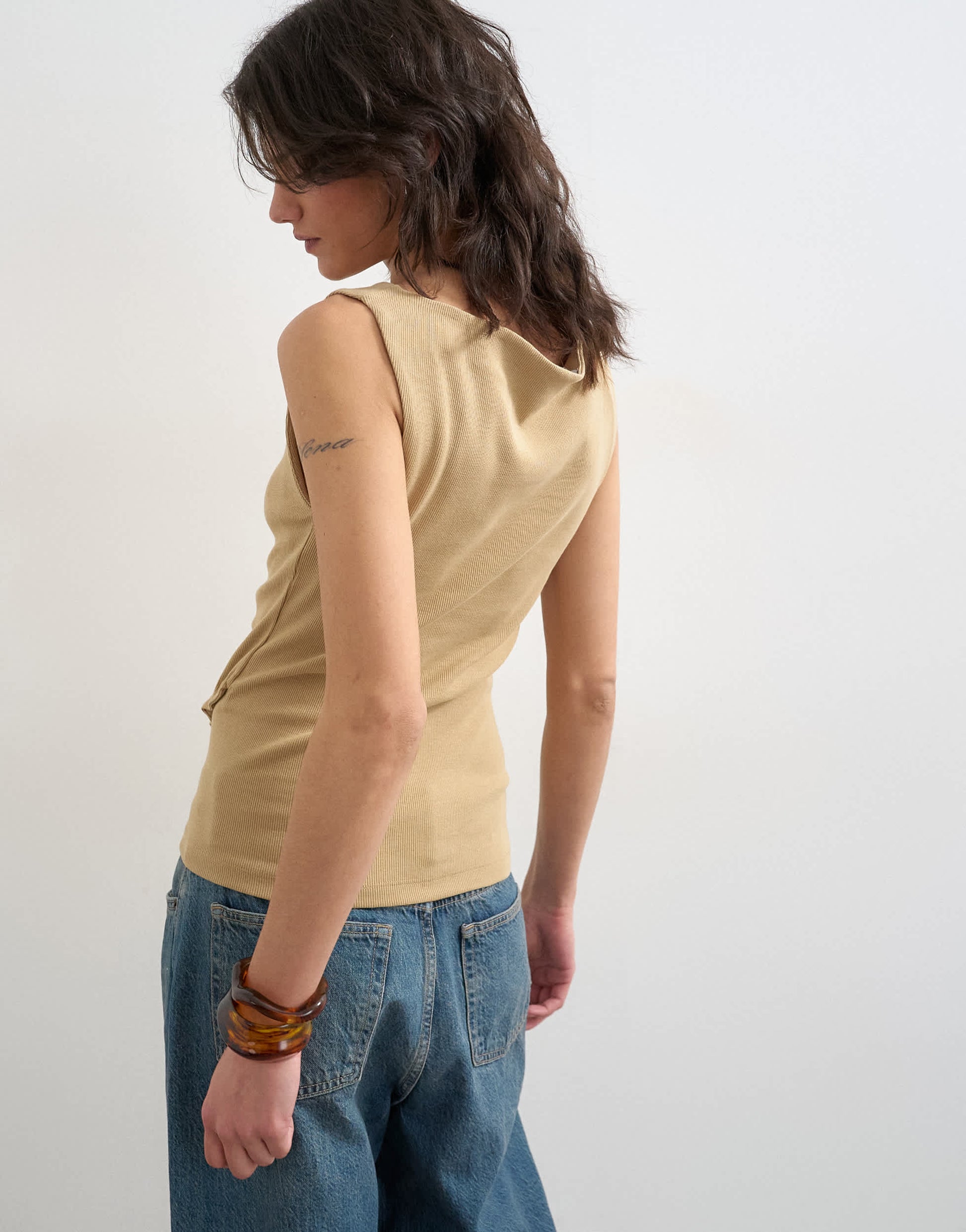 Topshop button detail slash neck ribbed top in oat
