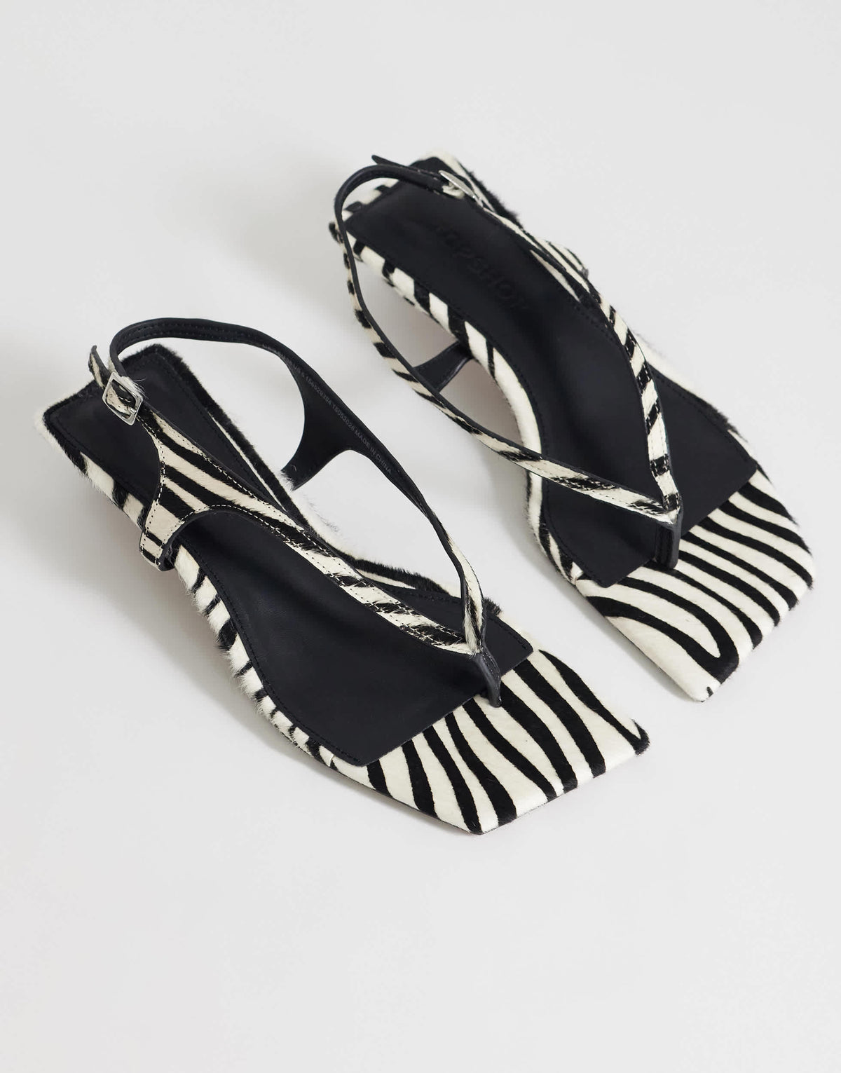 Topshop Sunshine toe thong mid heel sandal in zebra hair on real leather