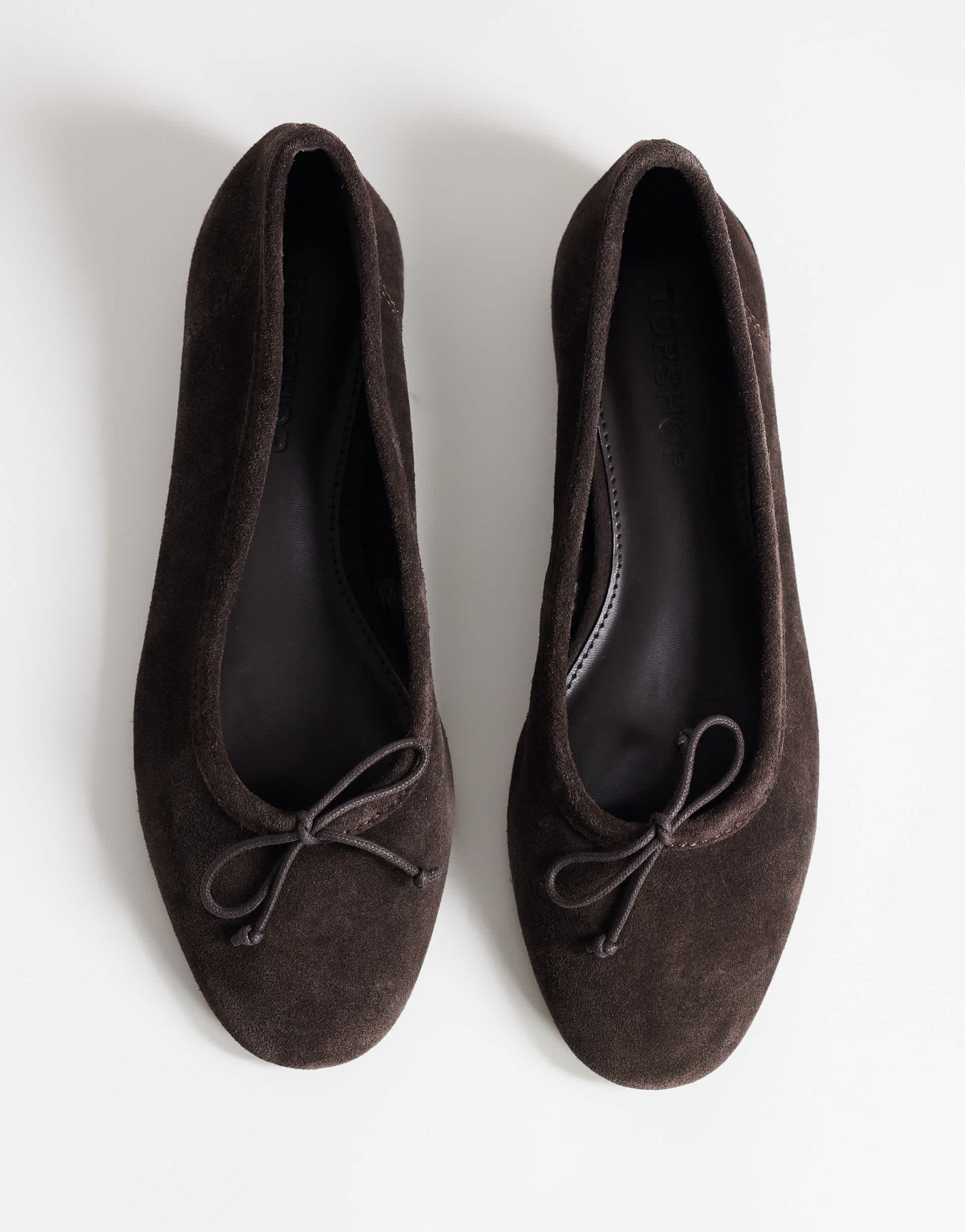 Topshop Dottie real suede block heel ballet shoe in chocolate