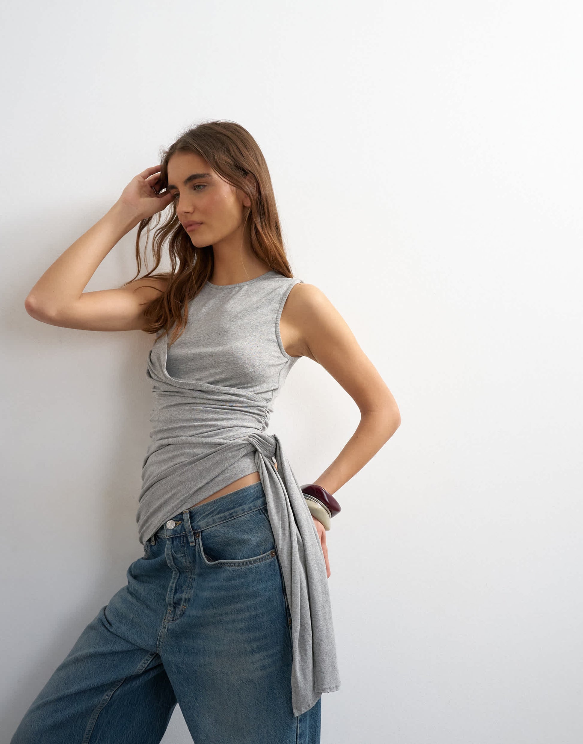 Topshop wrap drape tank with tie in grey marl