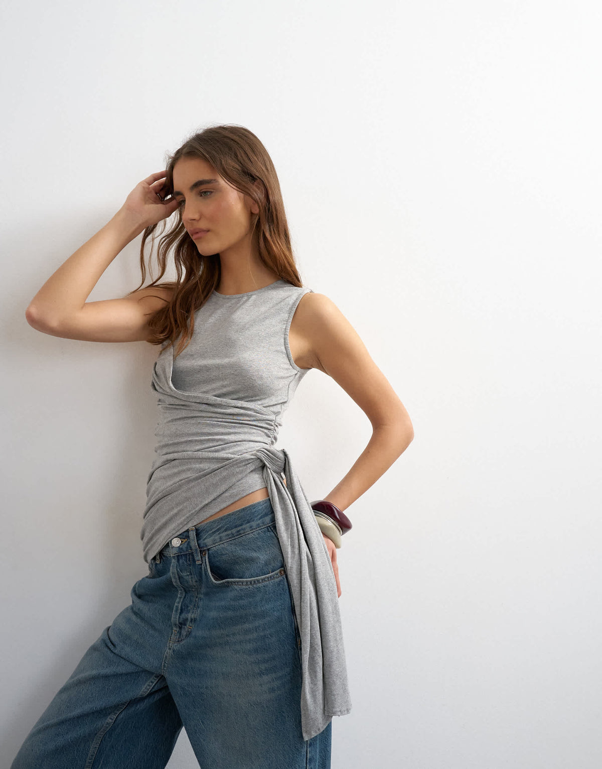 Topshop wrap drape tank with tie in grey marl