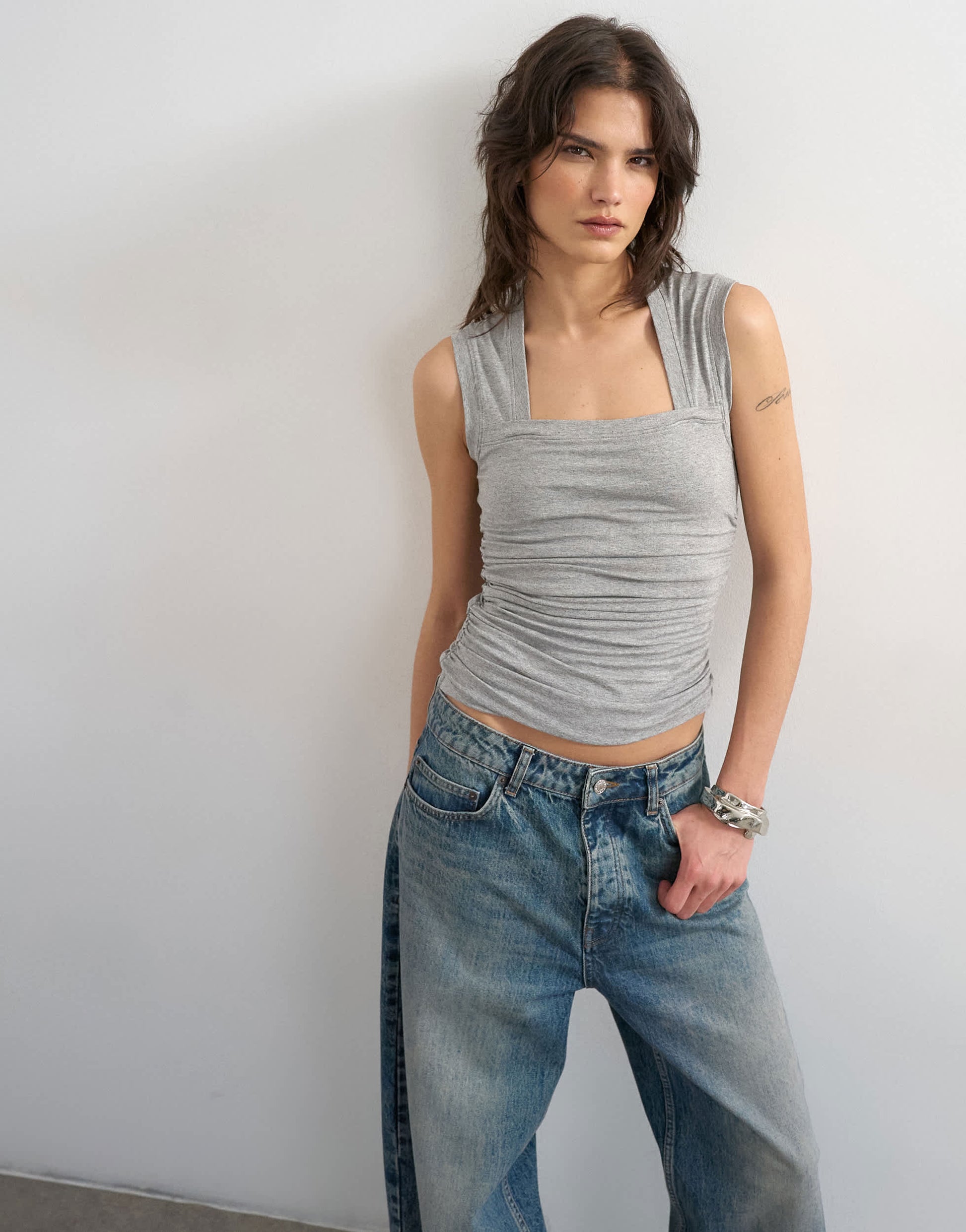 Topshop square neck tank in grey marl