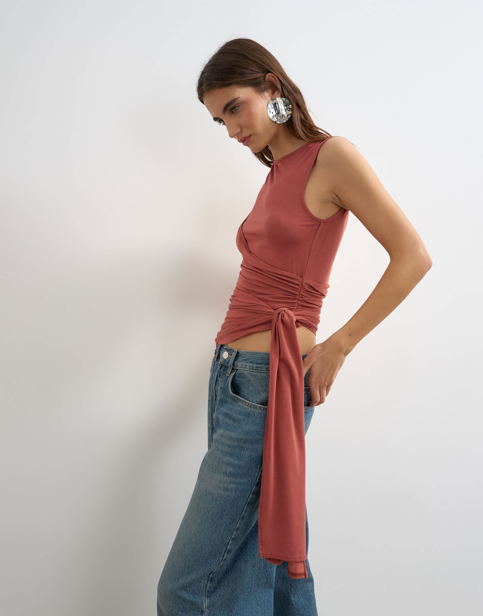 Topshop wrap drape tank with tie in rust