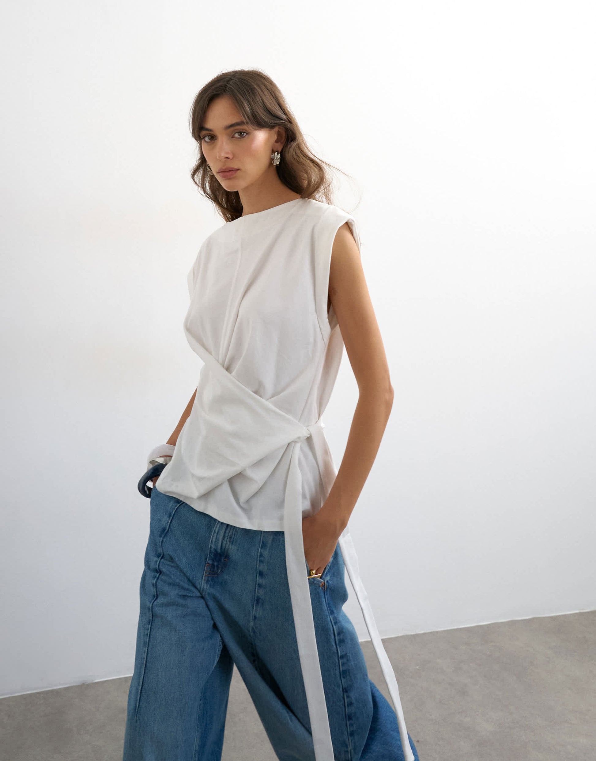 Topshop wrap detail cap sleeve top in ecru