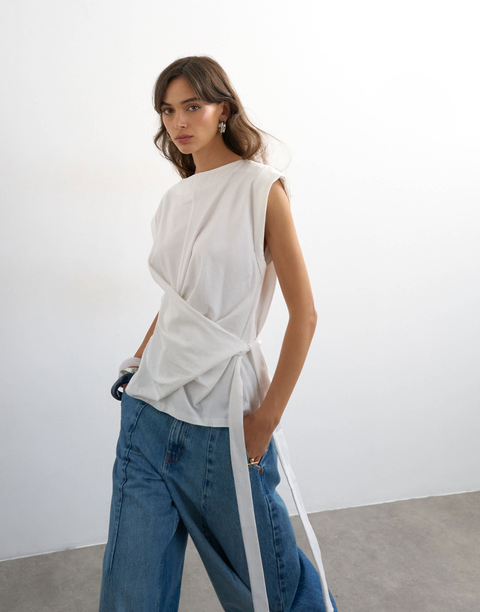 Topshop wrap detail cap sleeve top in ecru