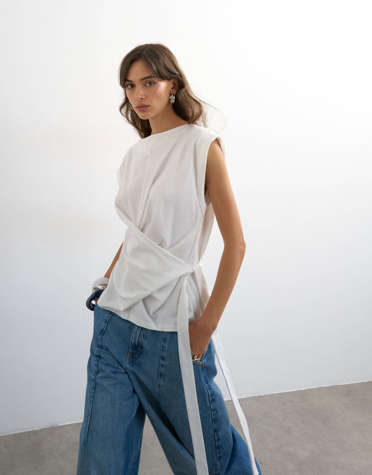 Topshop wrap detail cap sleeve top in ecru