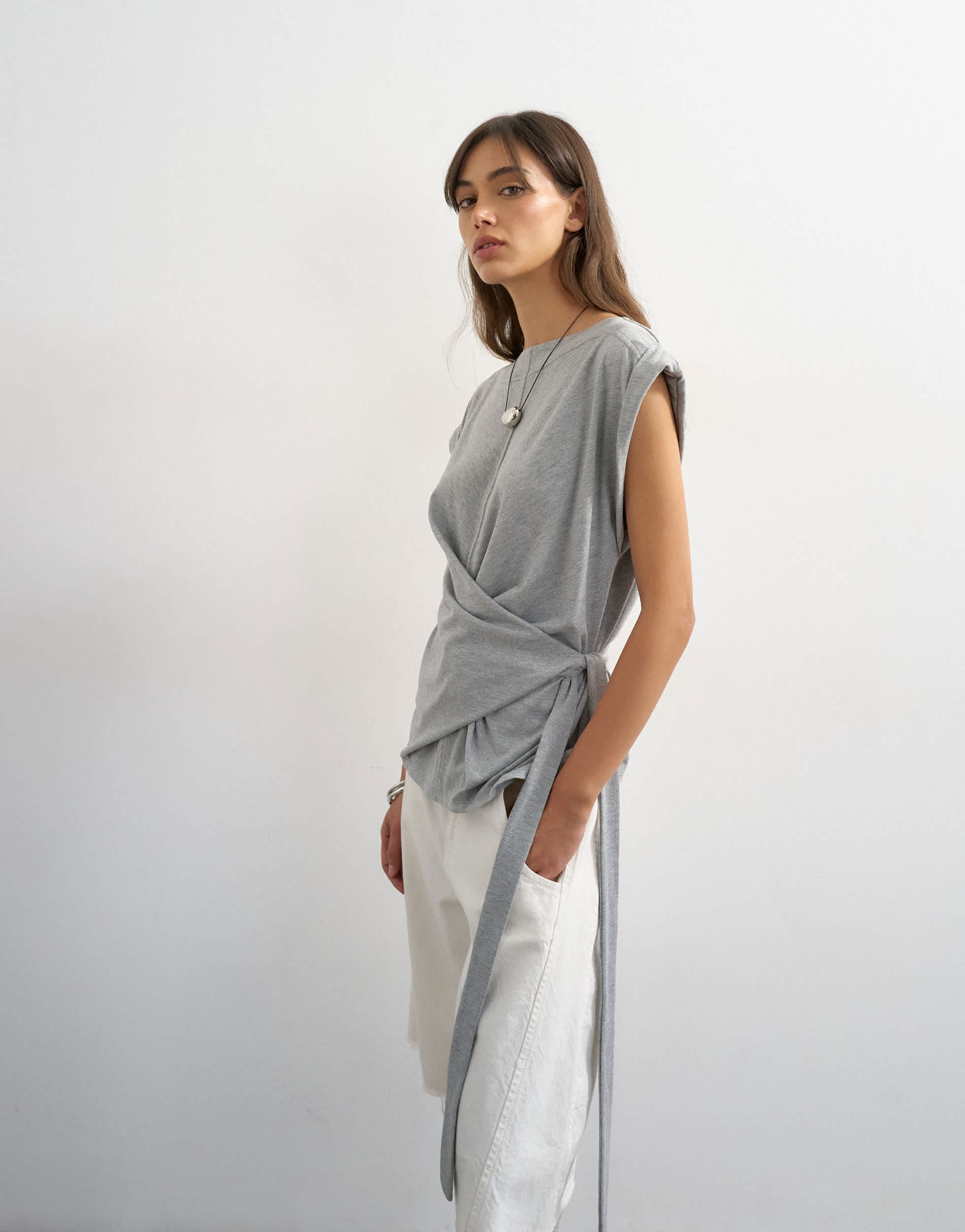 Topshop wrap detail cap sleeve top in grey marl