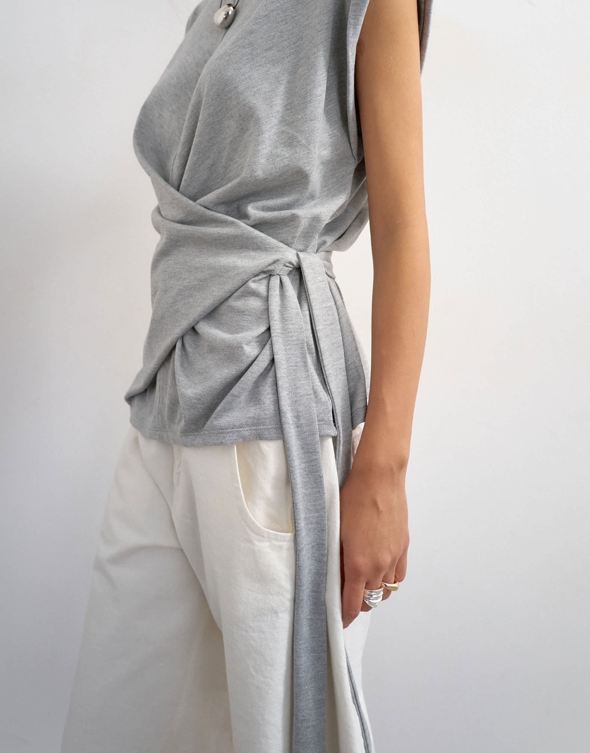 Topshop wrap detail cap sleeve top in grey marl